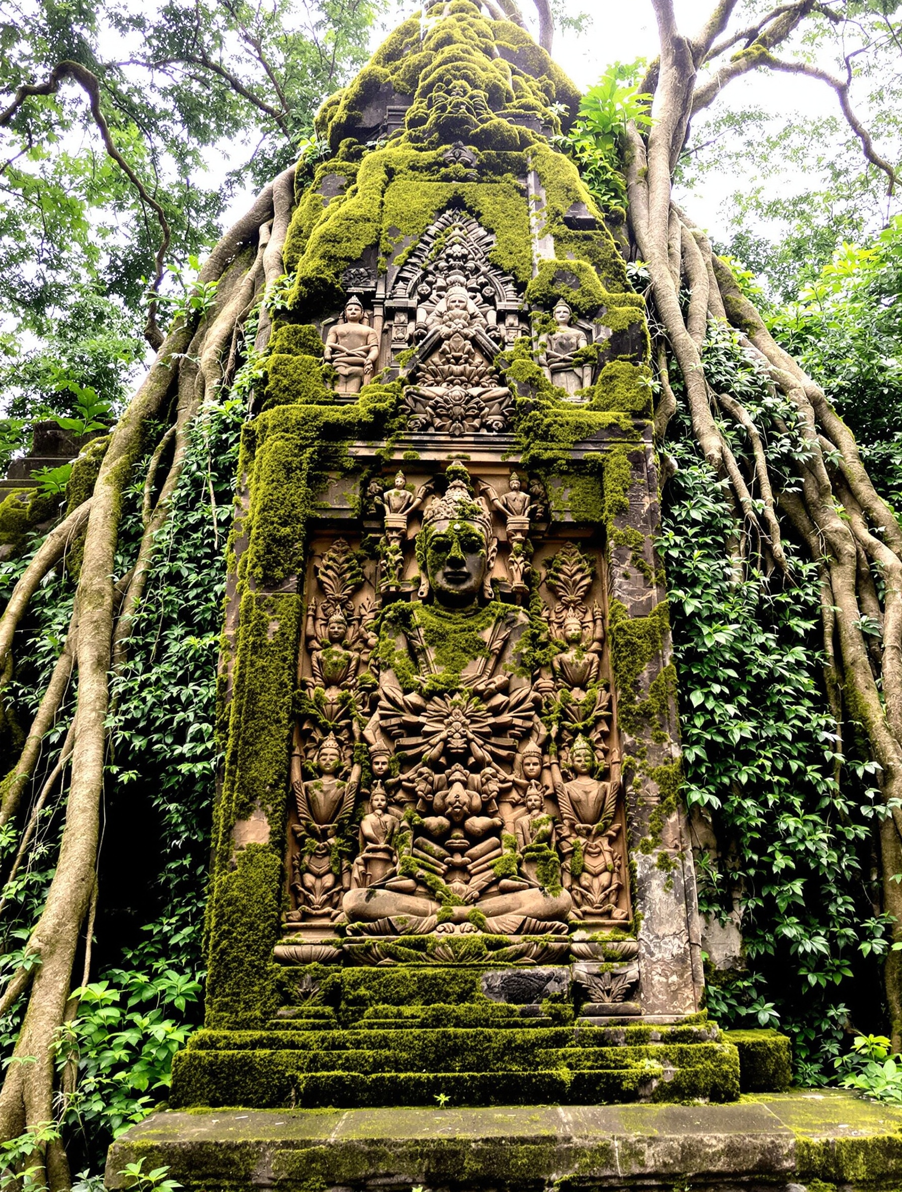 A wide shot of a moss-laden Khmer sandstone relief panel framed by jungle vegetation under soft overcast tropical light.