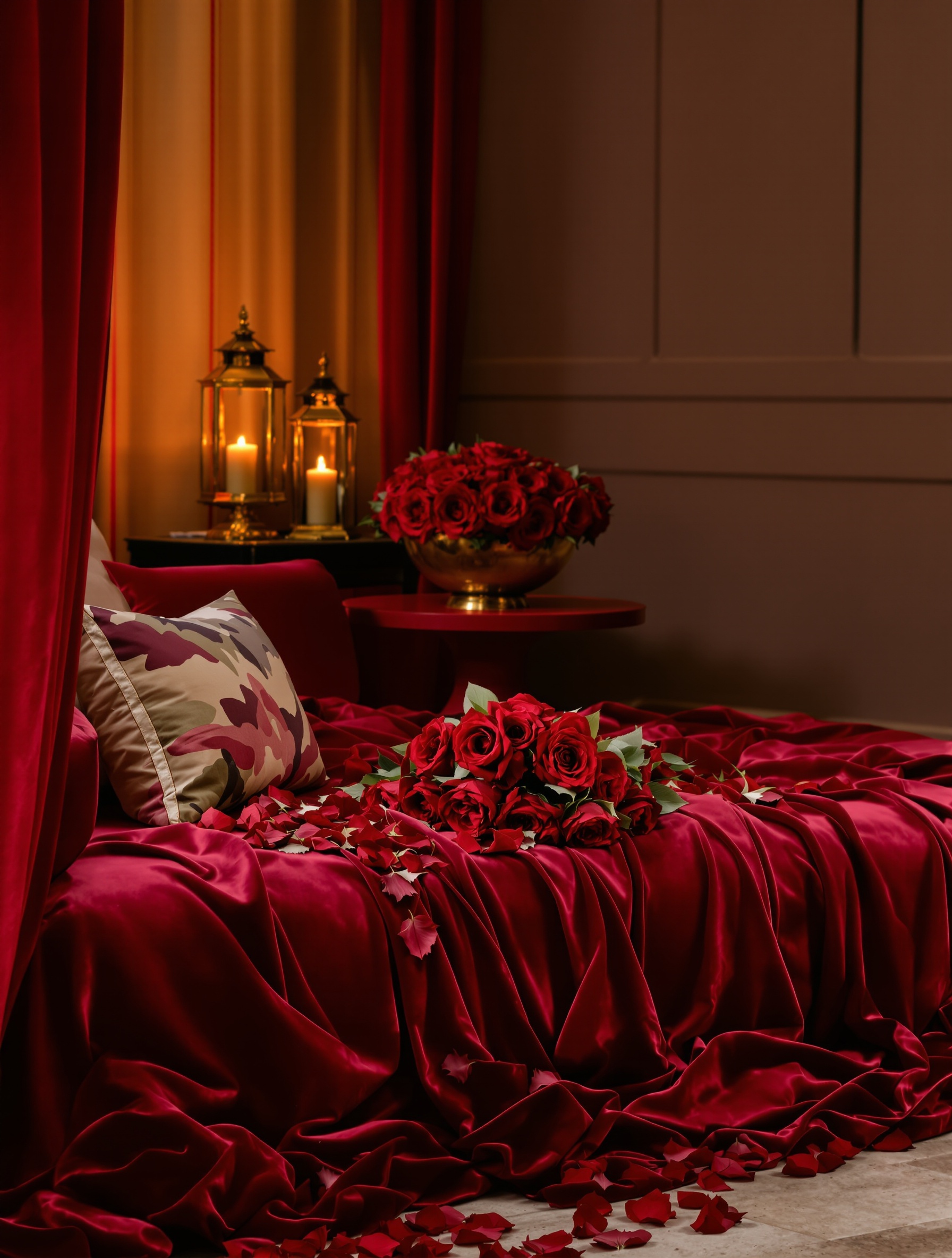 A candlelit private sitting room with crimson draped daybed, dark roses in a brass bowl, and scattered petals on the stone floor bathed in layered amber lantern light.