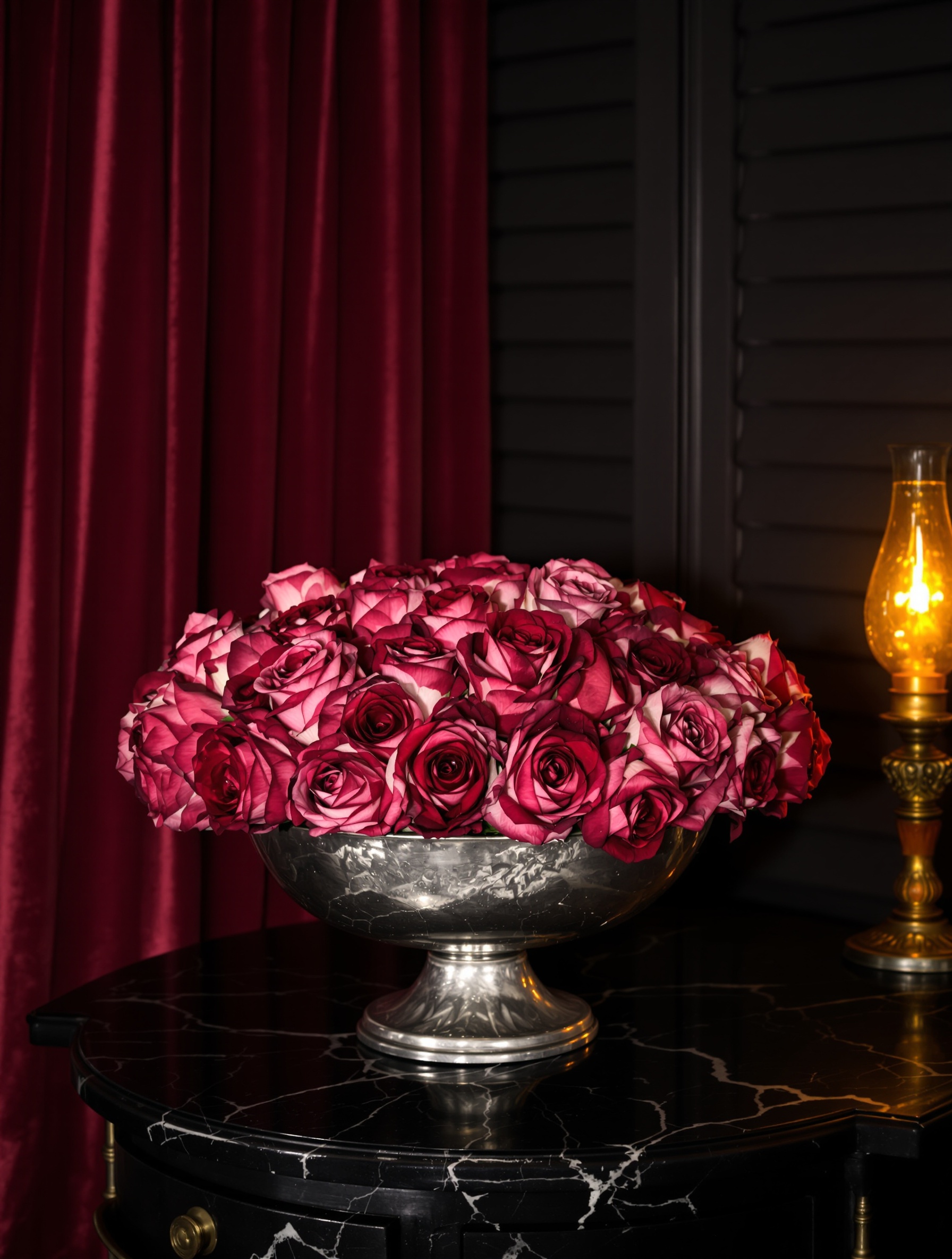 Brompton Immortals Extrait by Ex Nihilo, browning Bulgarian roses in a tarnished silver bowl lit by an amber oil lamp in a shuttered Edwardian salon.