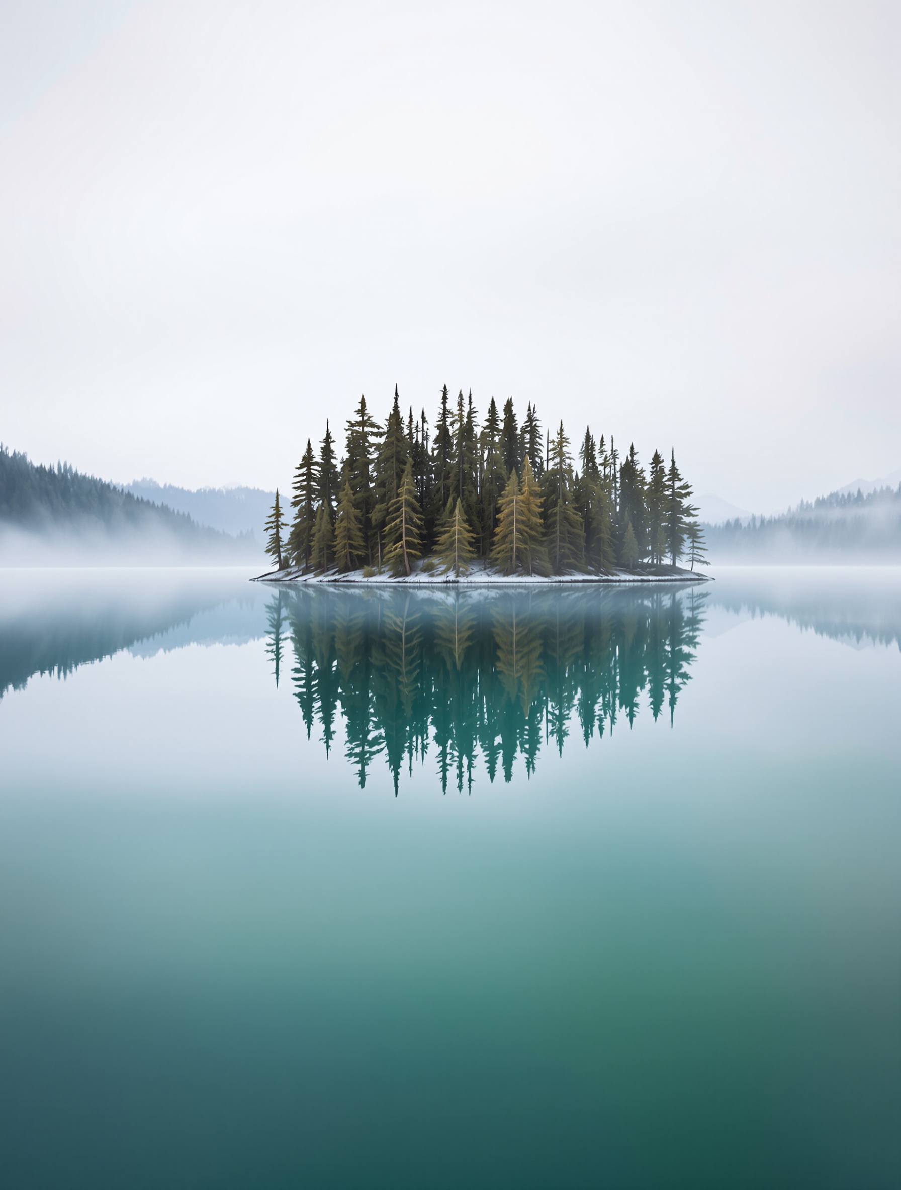 The mirror-still surface of Maligne Lake at dawn perfectly reflecting the conifer-covered Spirit Island in jade-green water, embodying the sacred solitude and spiritual dissolution of Jasper No Kodo 2 by Folkwinds.