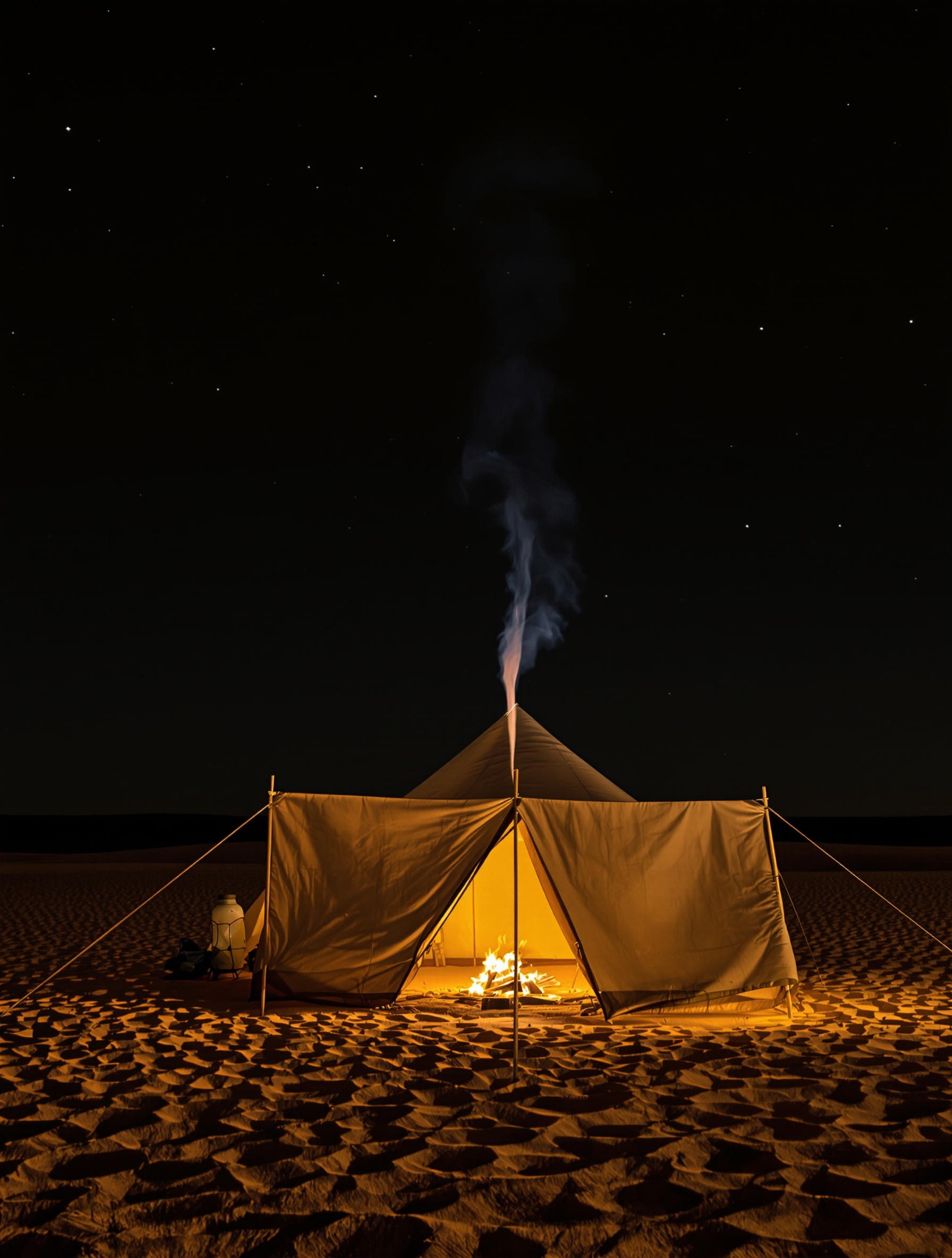 A brass incense burner smoking at the open edge of a desert tent at nightfall, evoking the oud-burning world of Ombre Nomade.