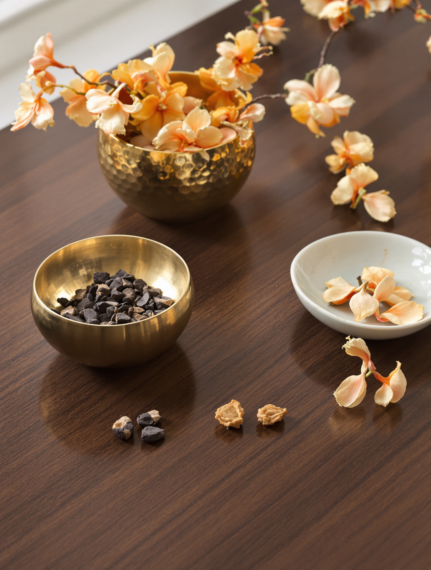 Three raw agarwood chips and osmanthus blooms on teak distill the aromatic architecture of Lost Lotus into one quiet still life.