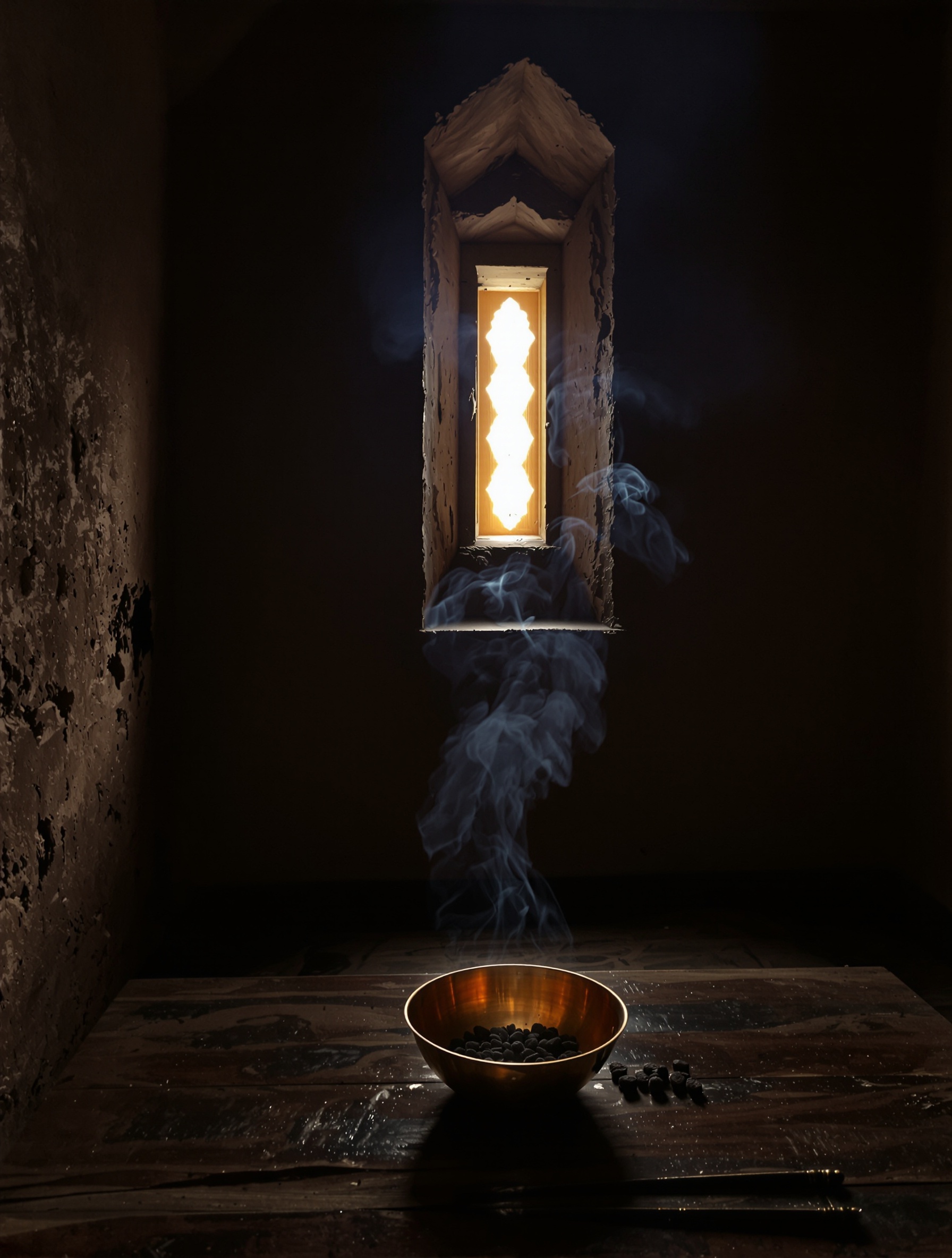 A smoke-darkened Gulf merchant interior with a shaft of dying light through latticed wood, evoking the ceremonial incense world of Ombre Nomade.