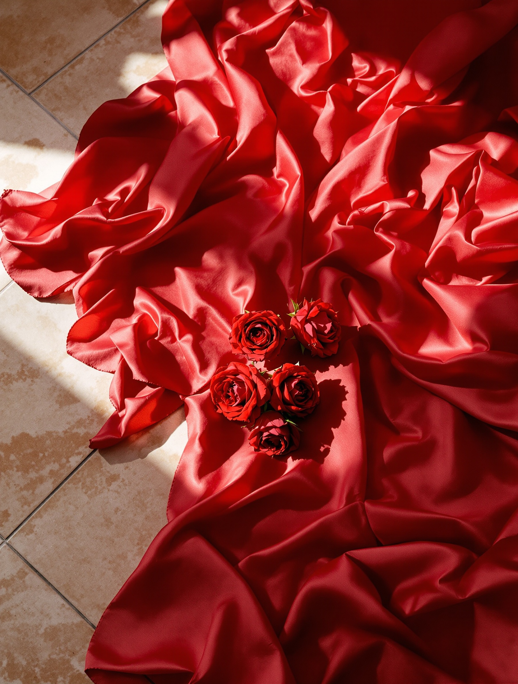 Crimson silk charmeuse pooled on worn limestone with scattered dark-red roses lit by soft afternoon window light.