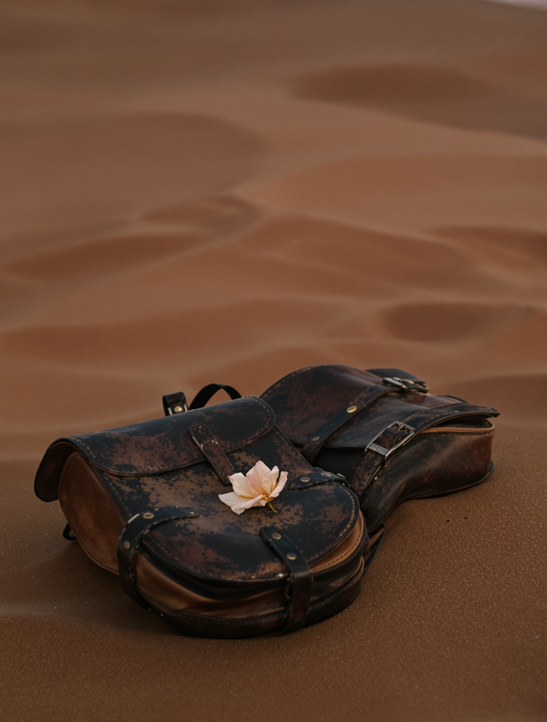 Worn leather saddlebags left on night-warm sand with a resin-held rose petal, evoking the melancholic nomadic displacement of Ombre Nomade.