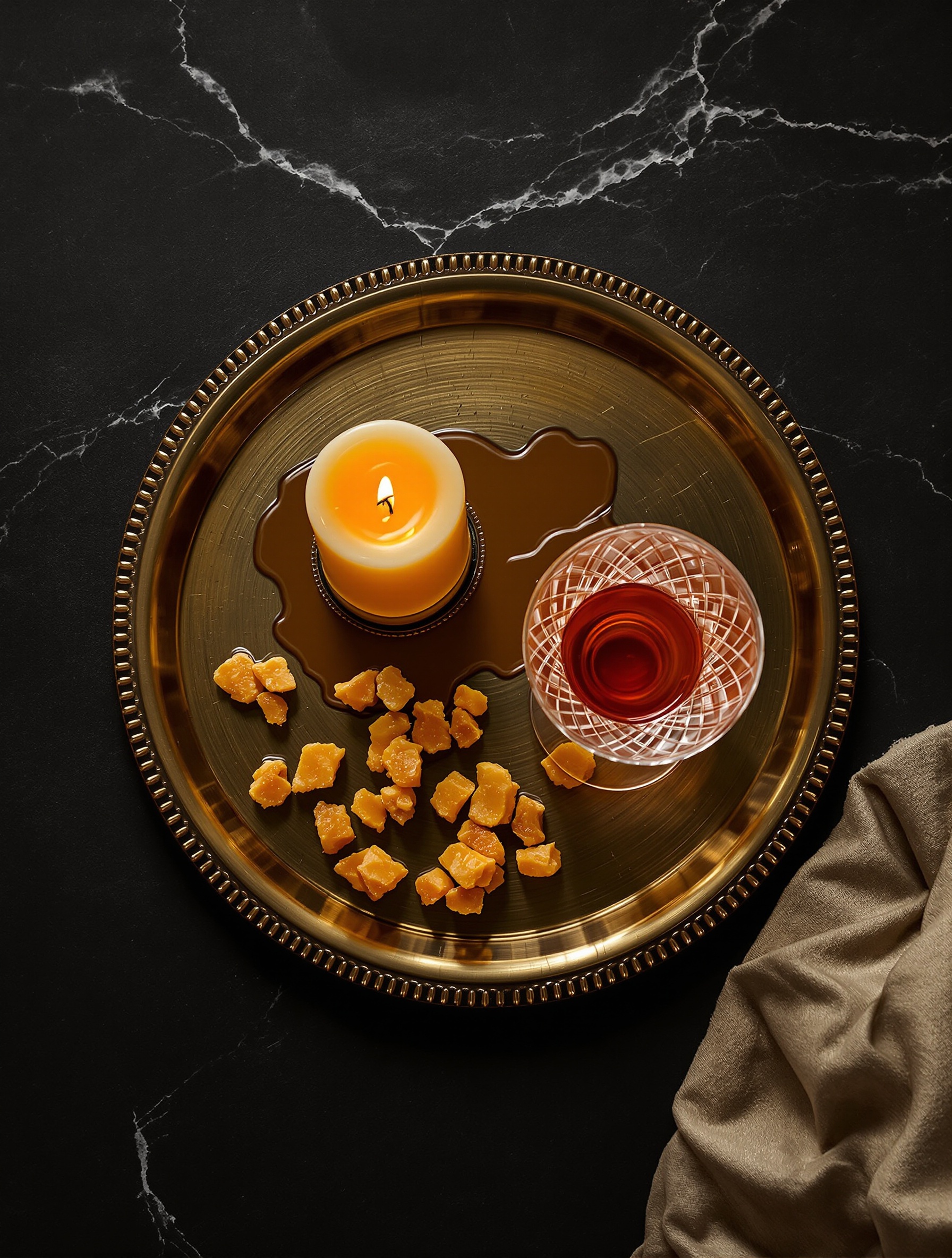 A candlelit brass tray with spent wax and a wine-stained coupe captures the hedonistic soul of Oud Satin Mood.