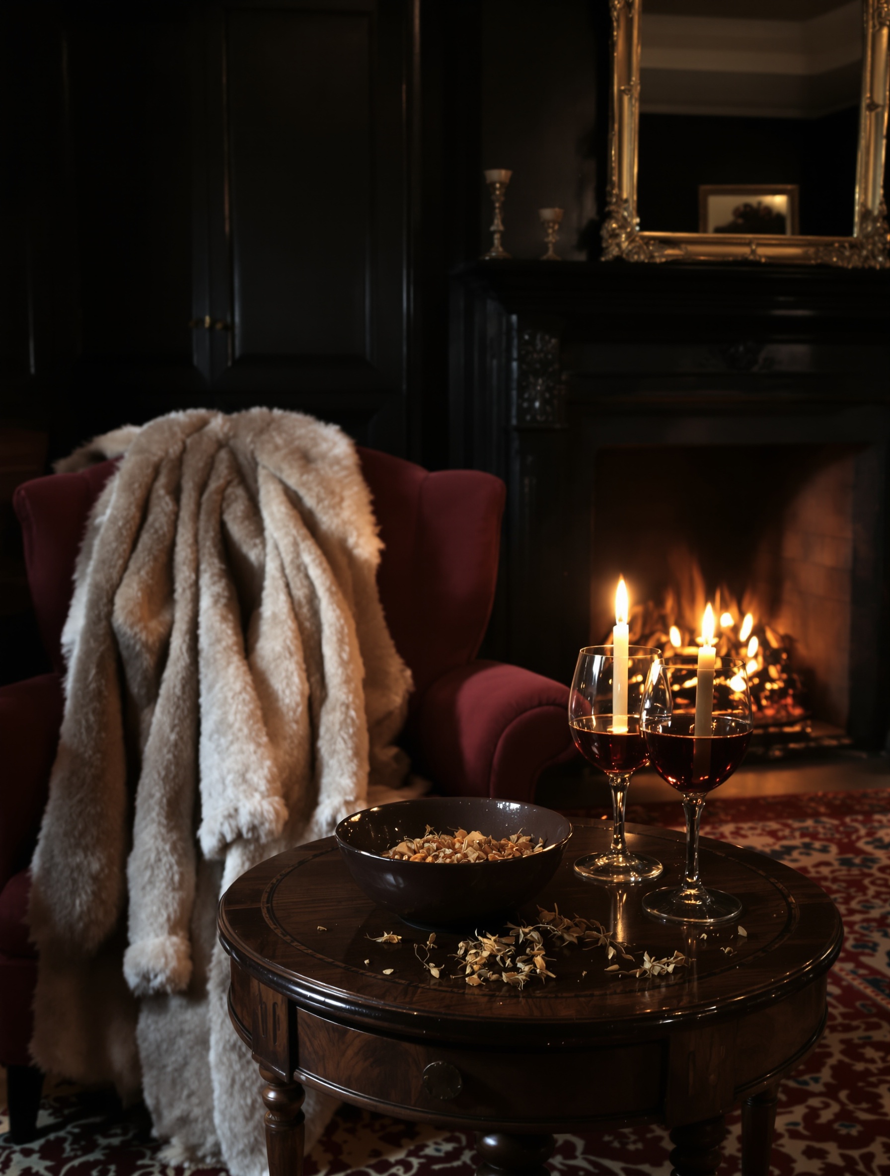 Brompton Immortals Extrait by Ex Nihilo, an empty Edwardian salon after the last guest has gone, saffron and resin on a side table, fur coat over a chair, candlelight fading.