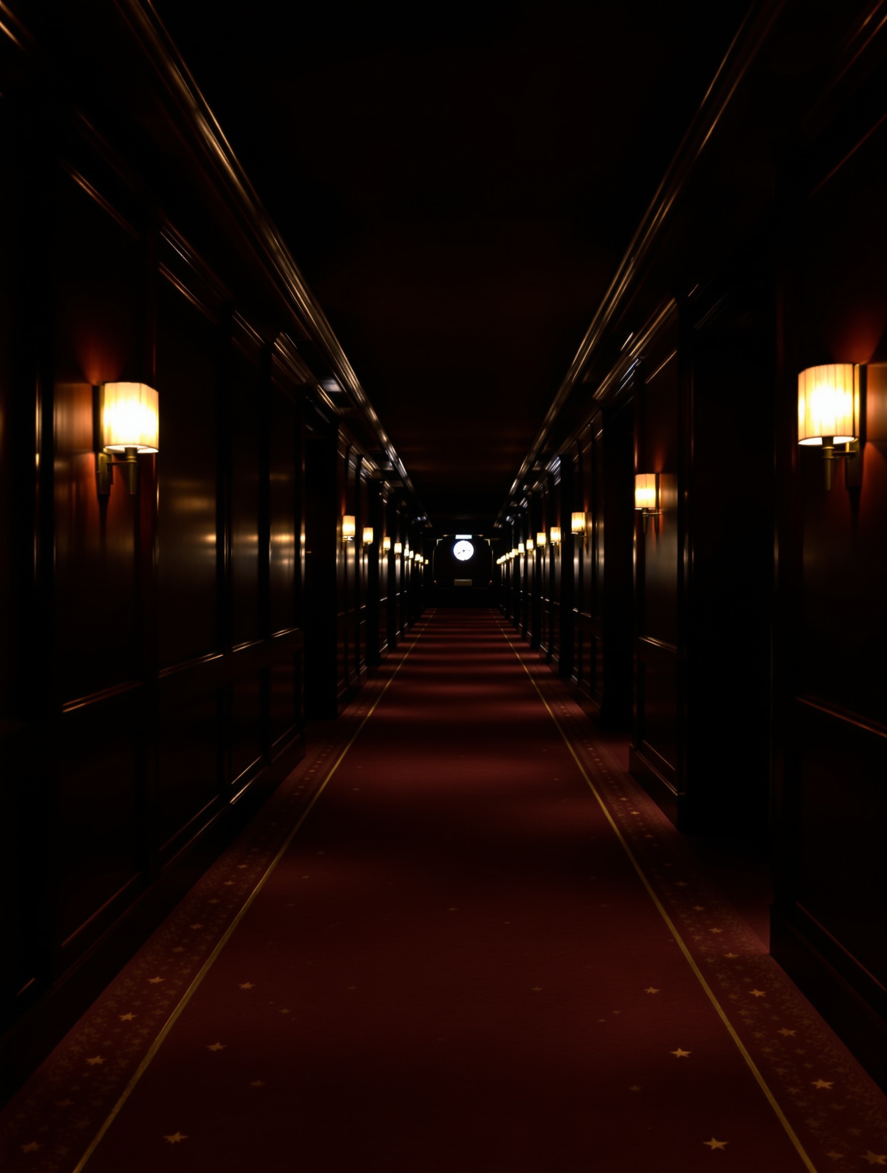 An empty luxury hotel corridor at 3am with amber sconce light and a trace of oud in the sealed air, evoking the displaced opulence of Ombre Nomade.