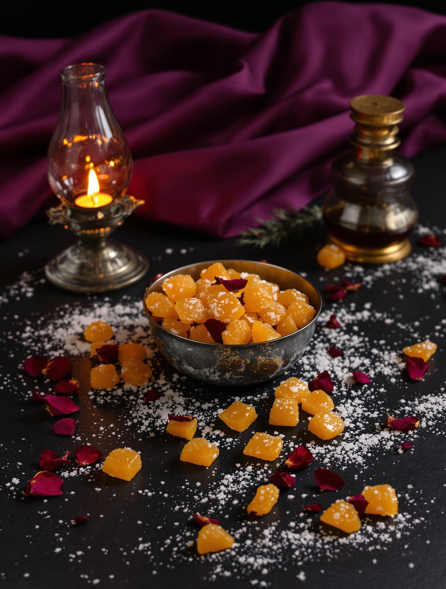 A shallow pewter bowl of golden honey candy and dried crimson rose petals glows under warm candlelight beside a small amber oil lamp, surrounded by deep violet linen and scattered sugar crystals on dark slate.