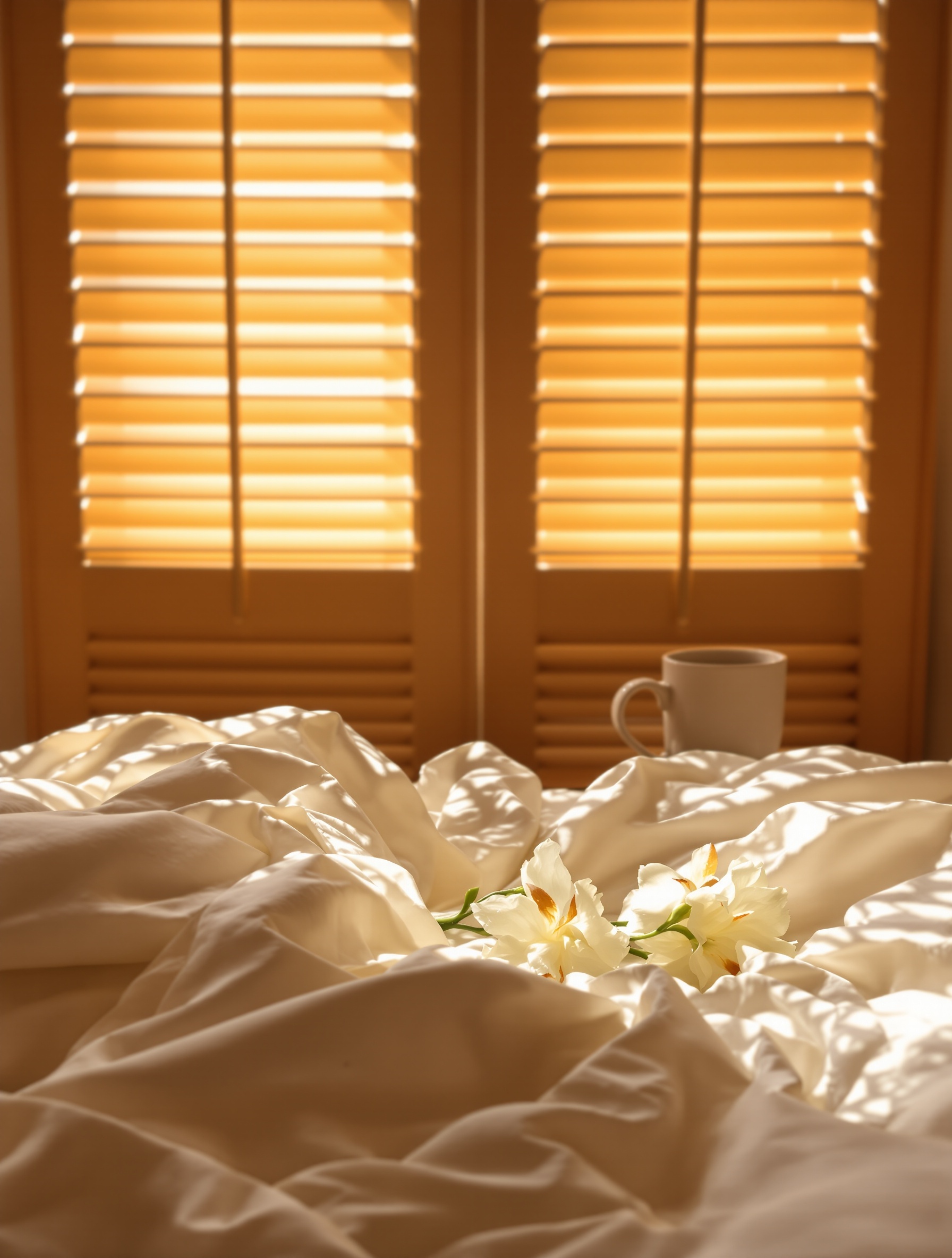 An unmade ivory bed in a shuttered room with a bruised tuberose crushed in the linen, capturing the consumed morning mood of Narcotic V.