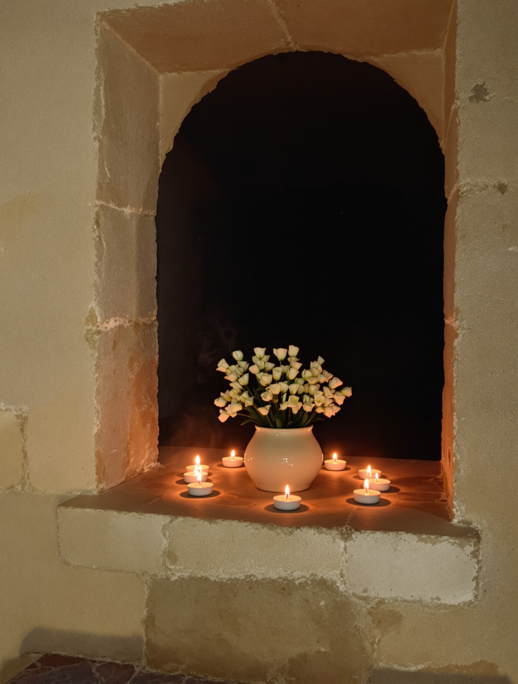 A candlelit stone chapel altar crowded with tuberose and beeswax smoke, the sacred-carnal ceremony at the heart of Narcotic V.