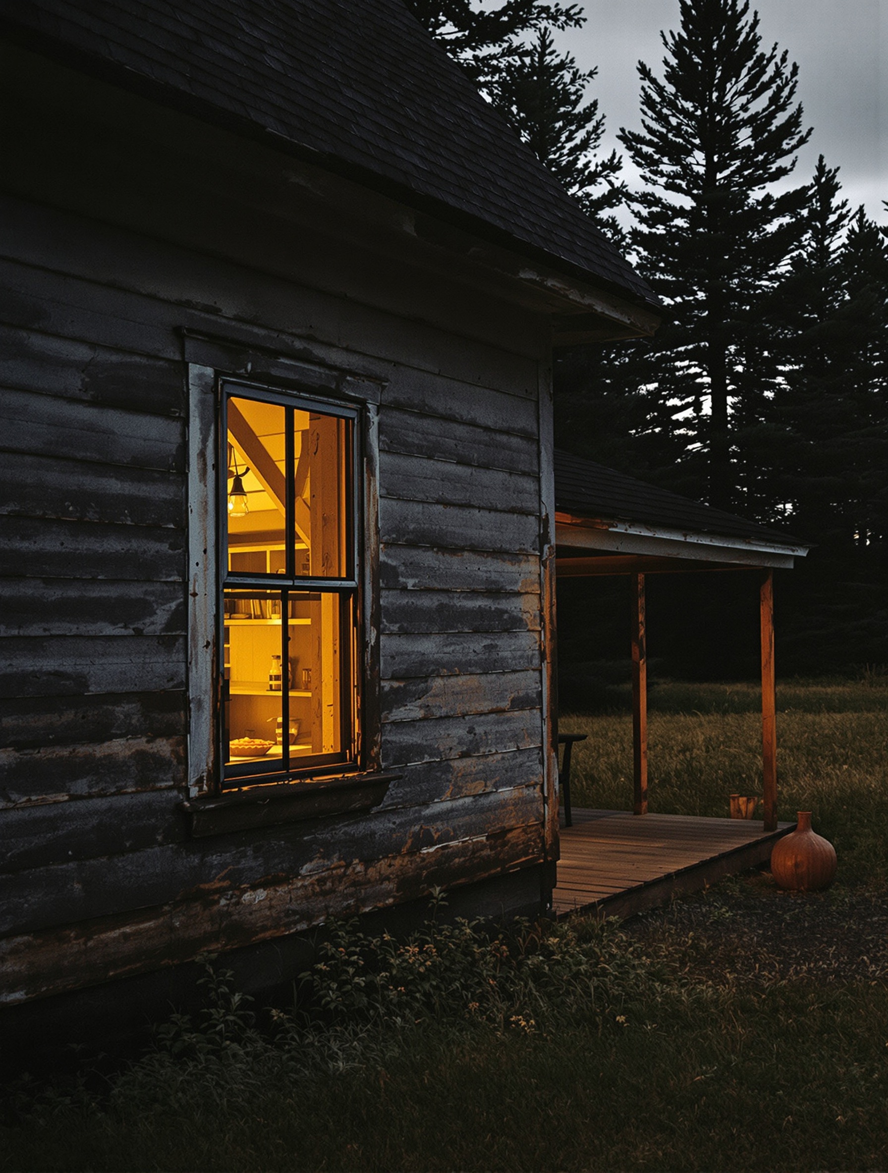A dusk farmhouse exterior for Freddy by Lost Tribe, warm kitchen light against an encroaching pine forest.
