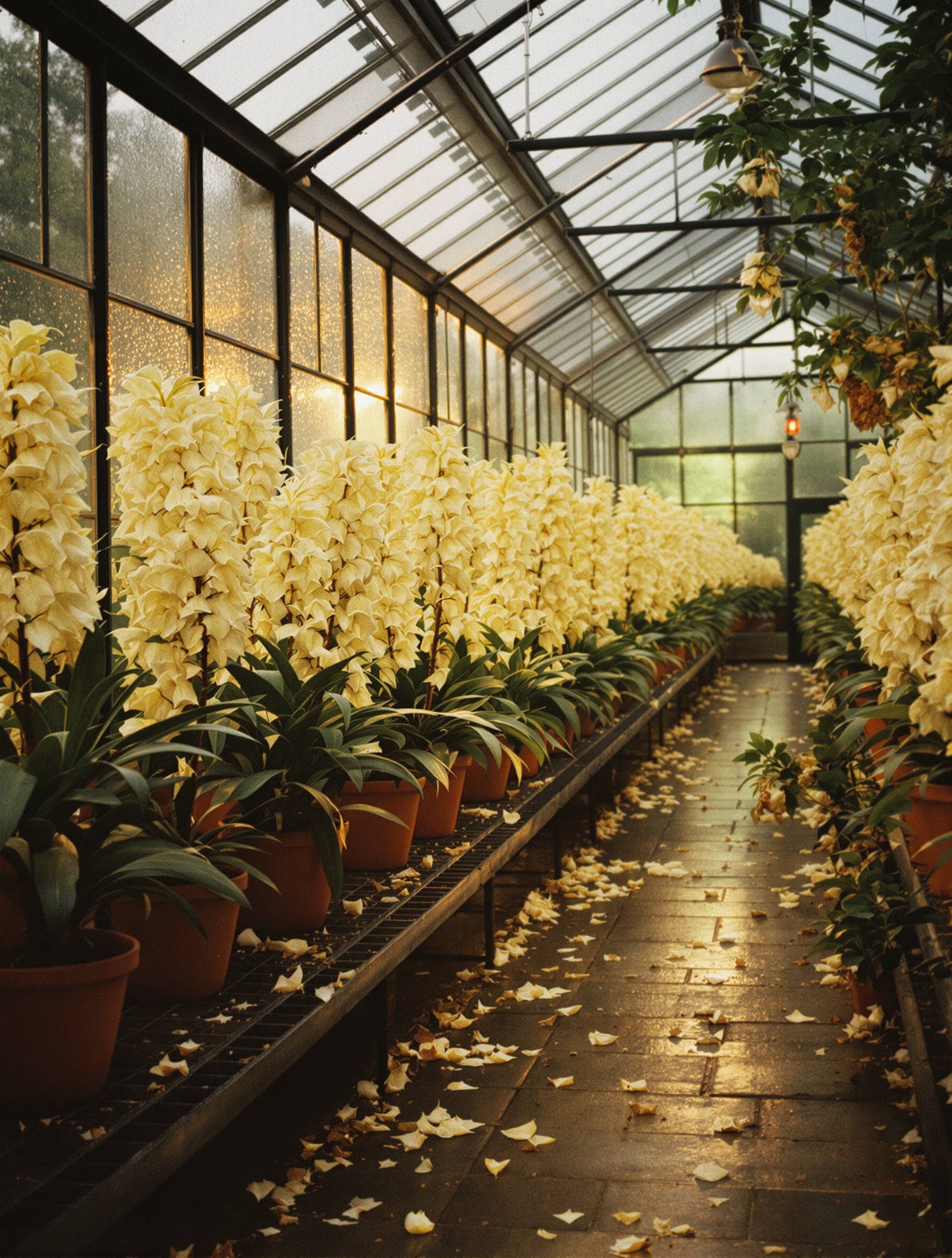 A grainy 35mm film photograph of a humid Victorian greenhouse at dusk, tuberose spikes glowing amber-ivory through condensation-streaked glass with fallen petals on worn stone.