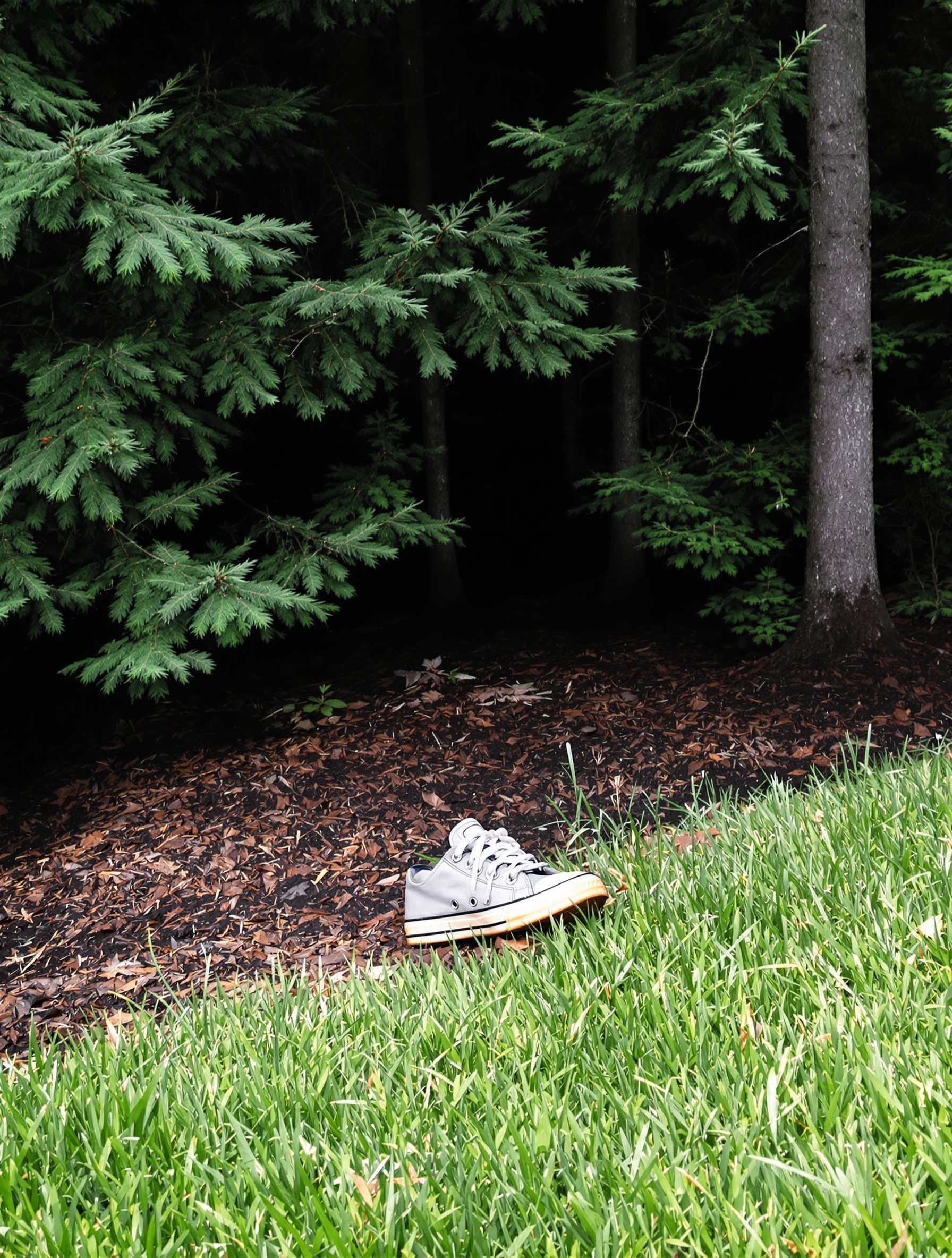 A child's sneaker at the lawn-forest boundary for Freddy by Lost Tribe, embodying its threshold dread.