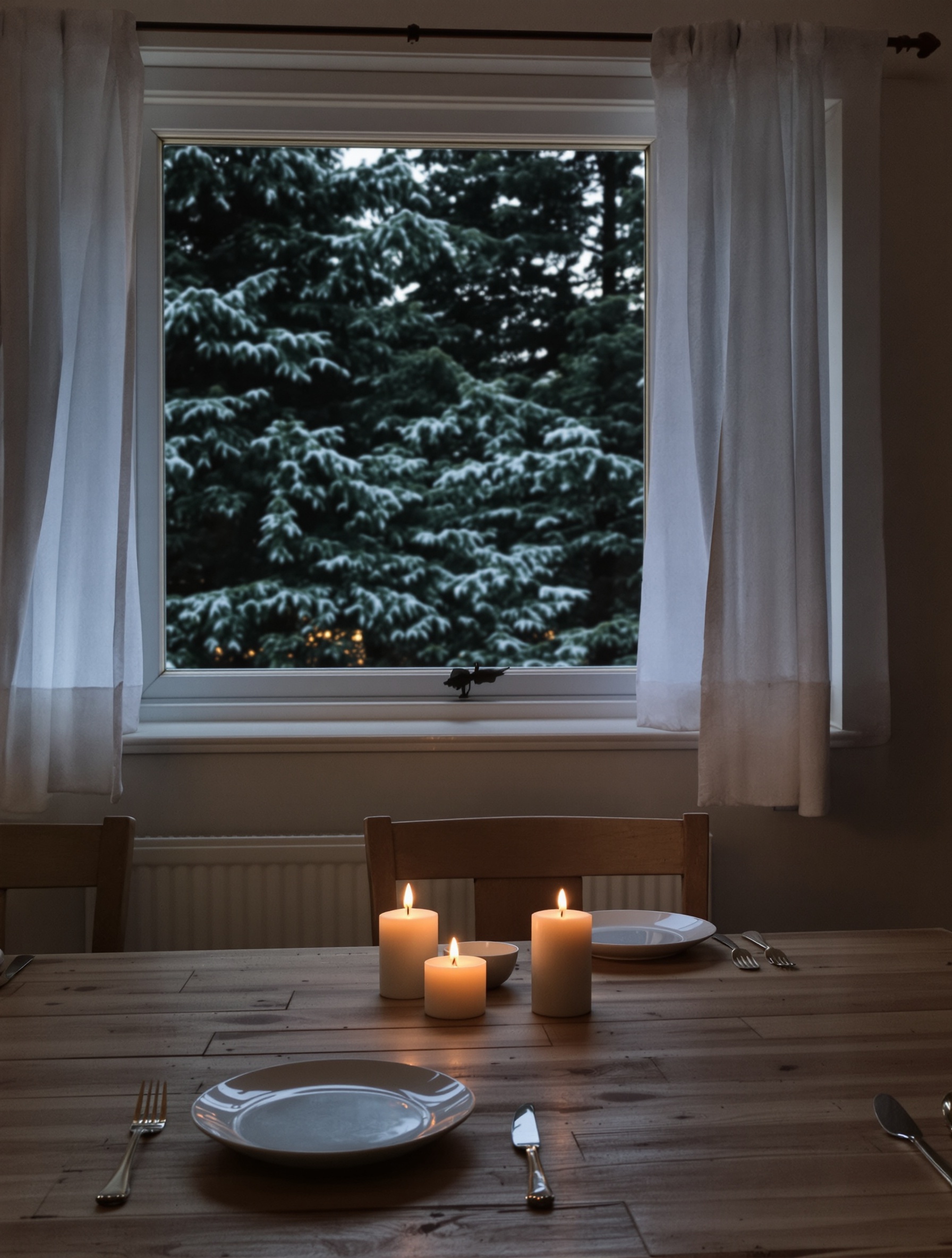 A candlelit farmhouse kitchen table with pine forest crowding the window, evoking Freddy by Lost Tribe.