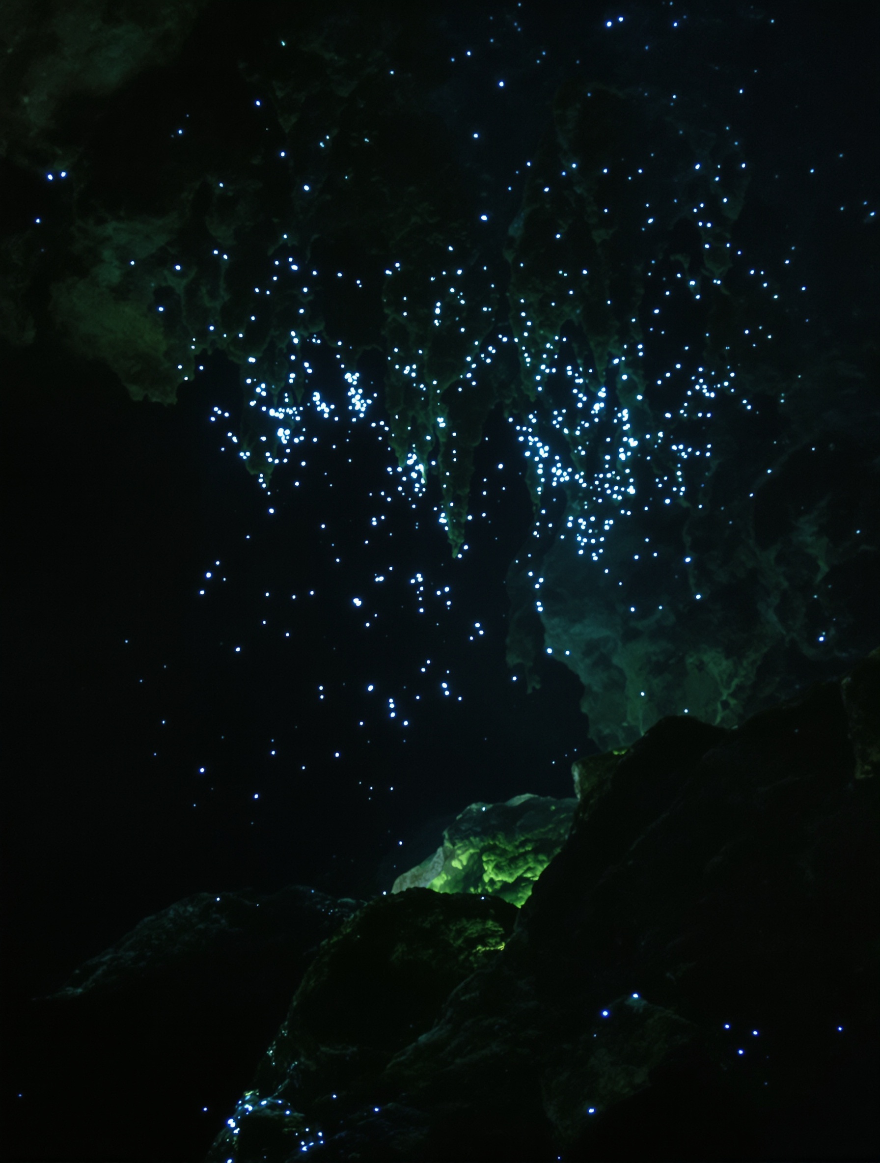 A dimly lit Bornean limestone cave where scattered glowworms on a wet ceiling cast faint cold blue pinpoints of light across mossy boulders below.