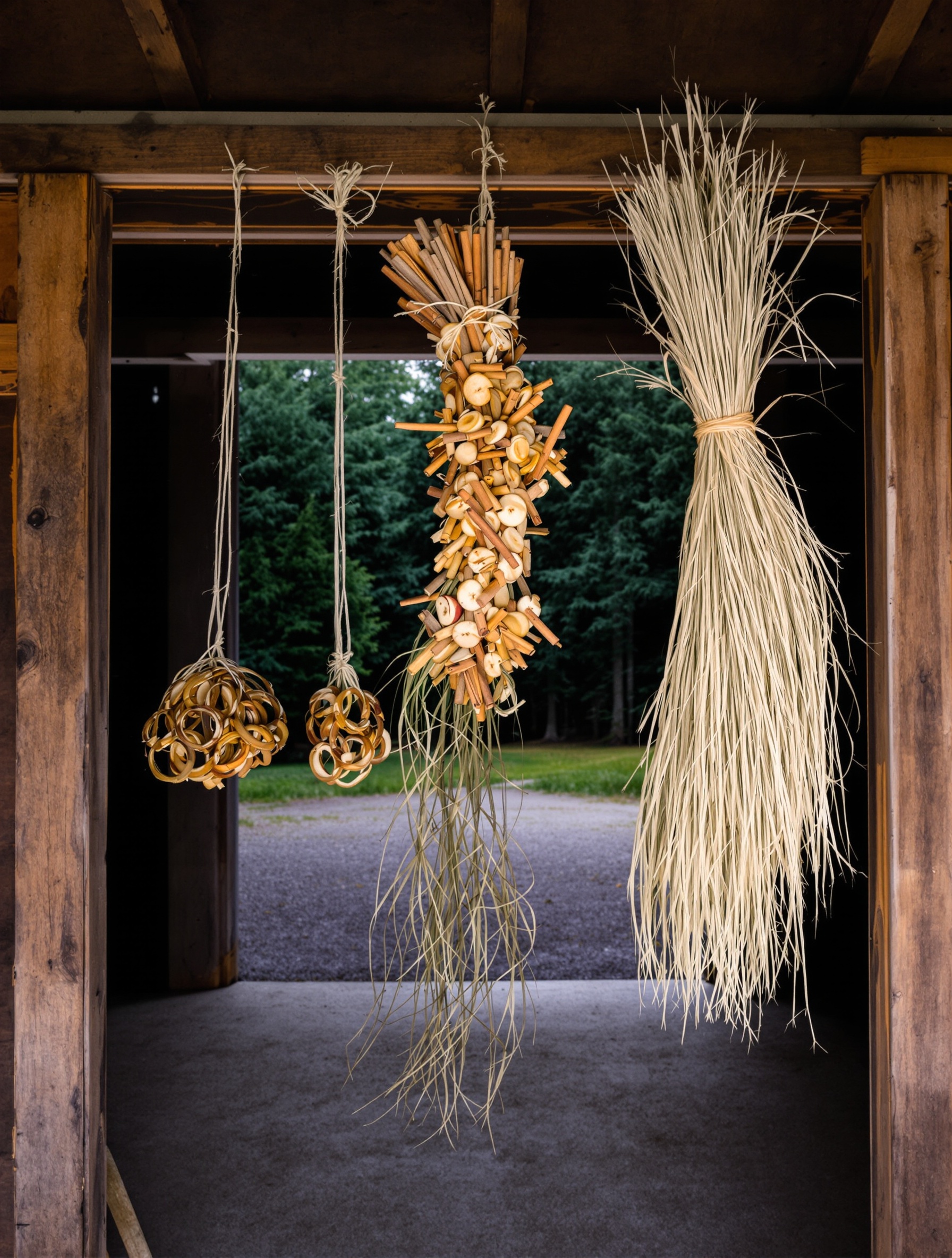Drying cinnamon, apple, and raw hemp in a barn opening onto dark pine forest, the world of Freddy by Lost Tribe.