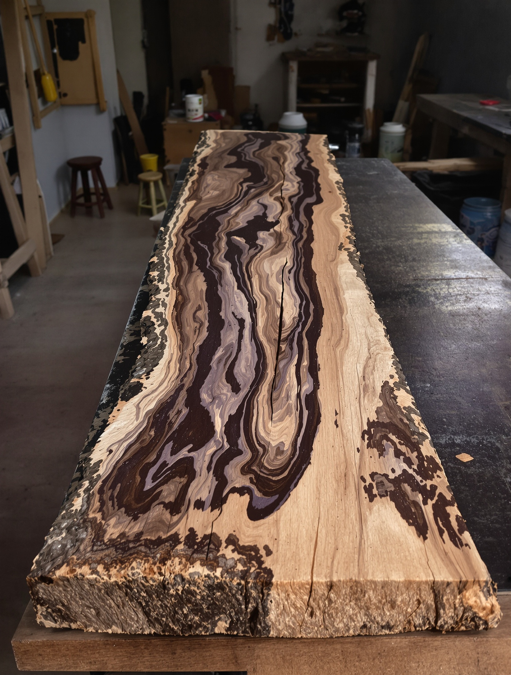 A slab of sinking-grade kyara agarwood with natural deep indigo resin veins rests on a worn workbench in soft workshop daylight.