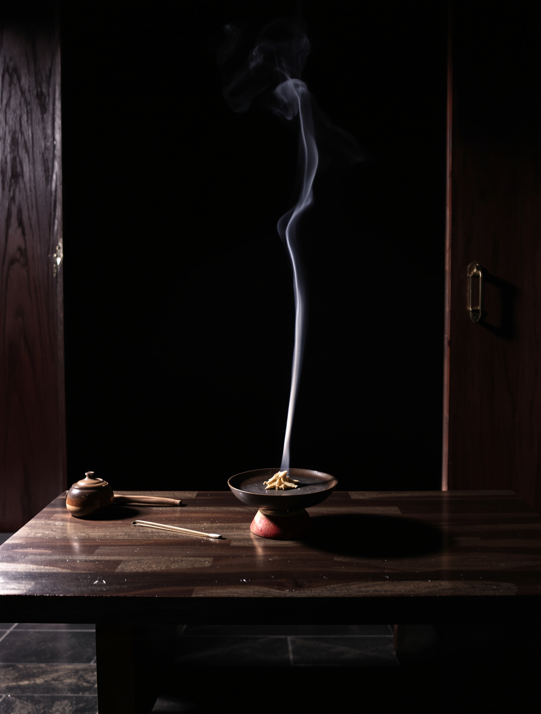A straight column of smoke rising from a low agarwood burner in a dim windowless Brunei room, evoking Kyara de Kalbar.