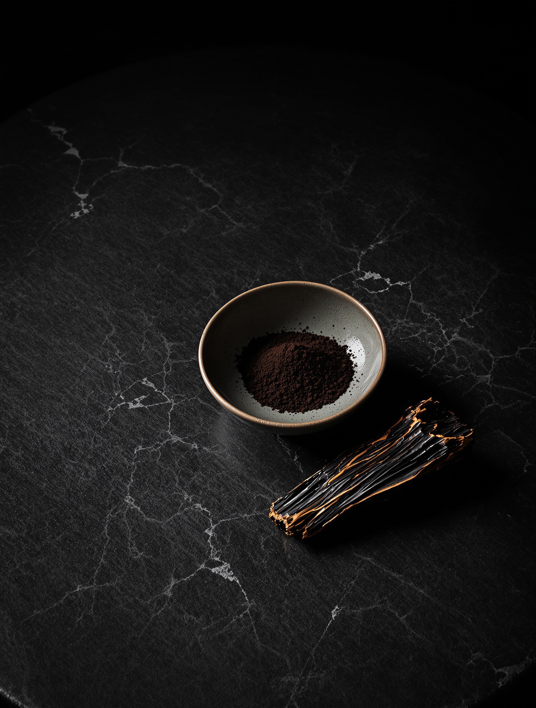 A plain ceramic bowl of dark kyara powder beside a fragment of raw resinous agarwood on a shadowed stone table, evoking Kyara de Kalbar.