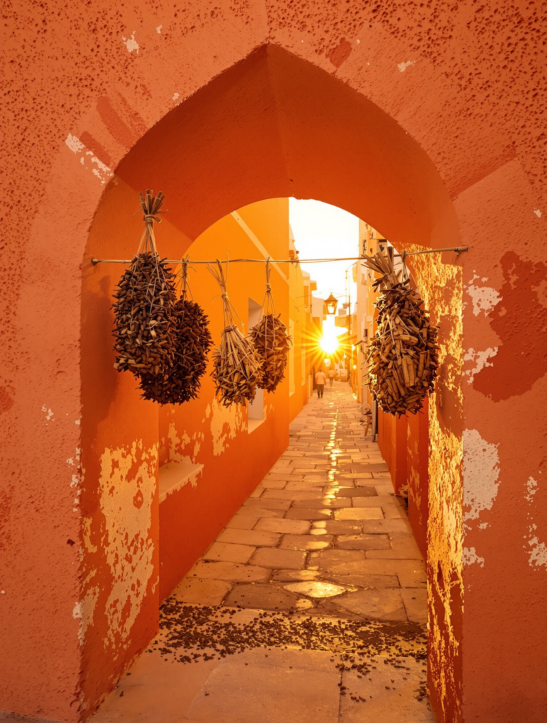 A coral-stone spice arch in Zanzibar Stone Town at golden hour, lit for Tales from Zanzibar.