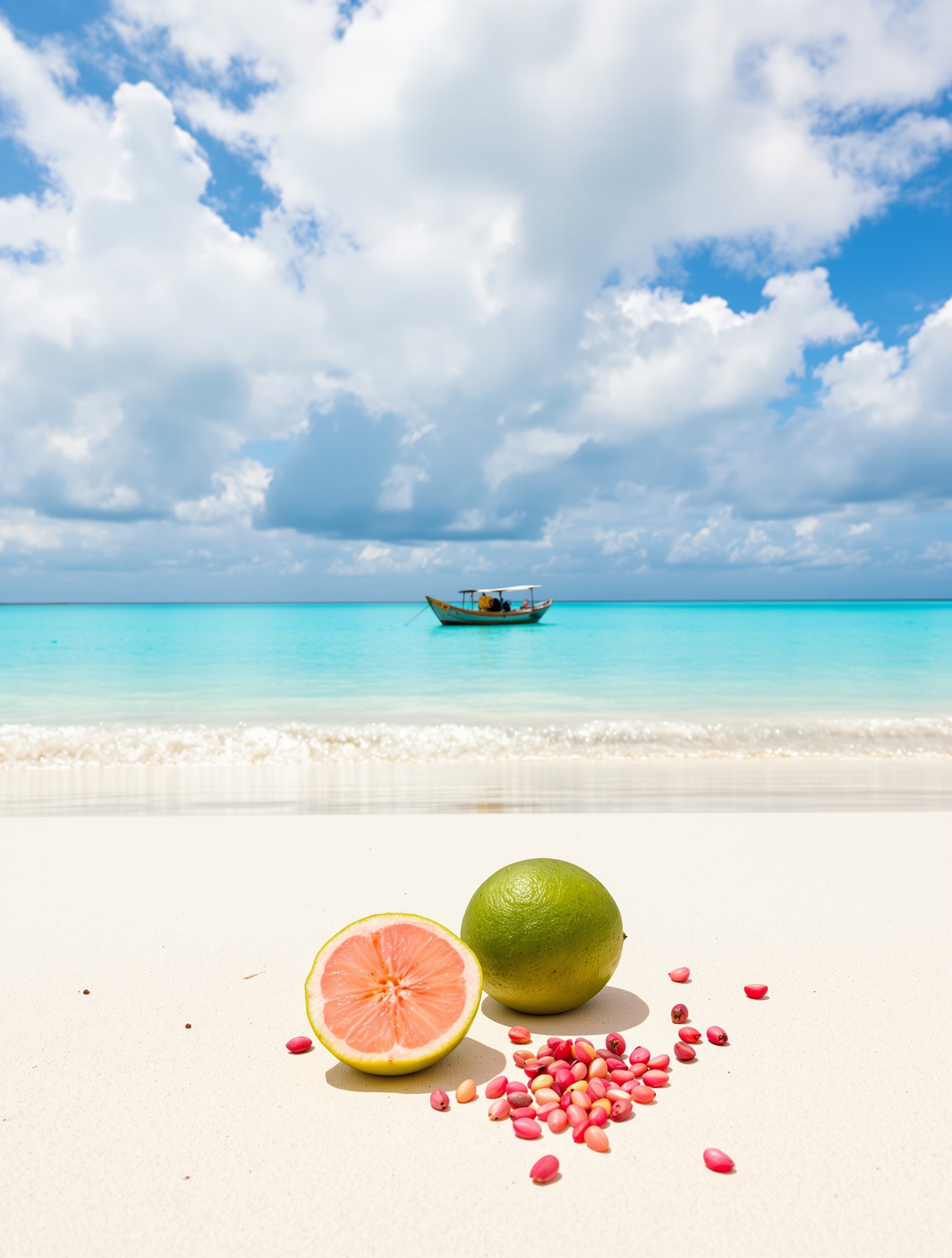 A sun-drenched Zanzibar beach with ripe guavas and lime on white sand, a beached dhow resting quietly in the middle distance against flat turquoise sea.