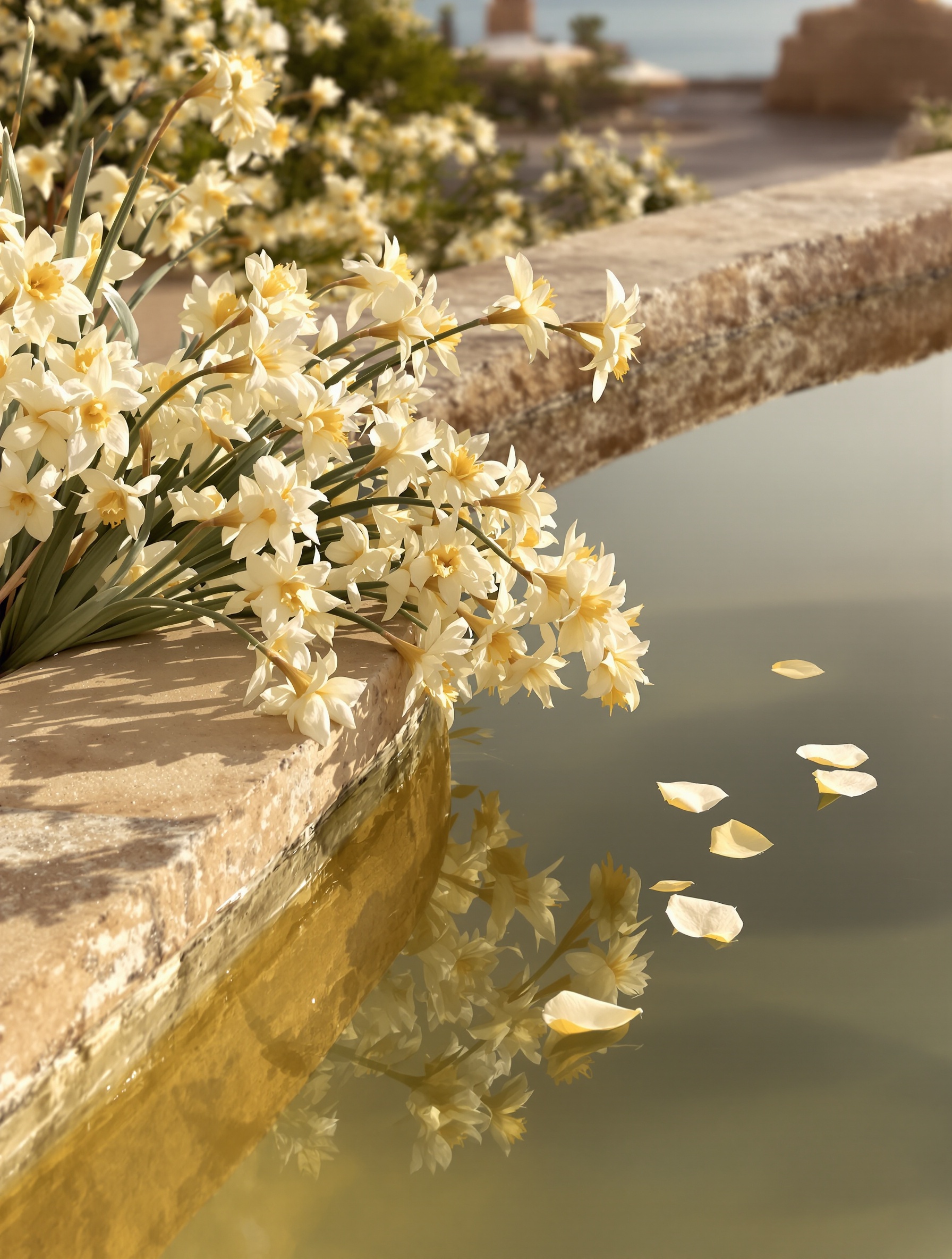 Narcissus blooms reflected in a still amber-tinted stone pool on a Mediterranean terrace at dawn, petals glowing translucent in early morning light.