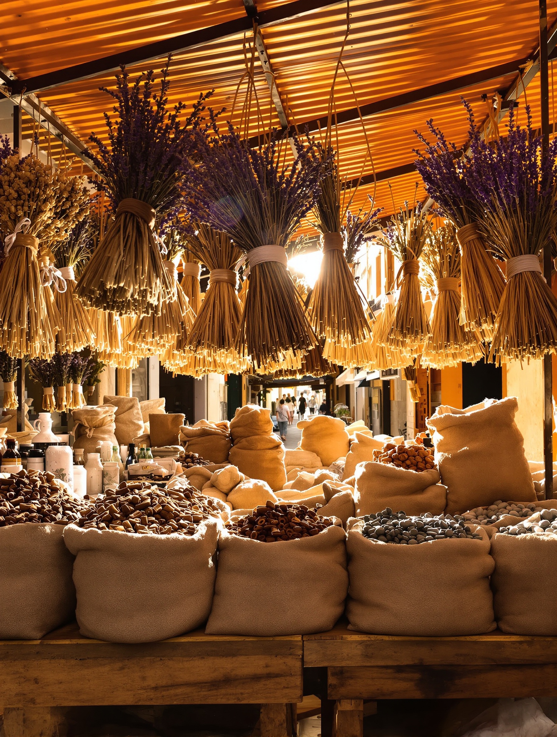 Cinnamon sticks and dried jasmine blossoms spilling from burlap sacks at a sunlit Palermo covered market stall, the iron ceiling above stained amber by decades of incense smoke.