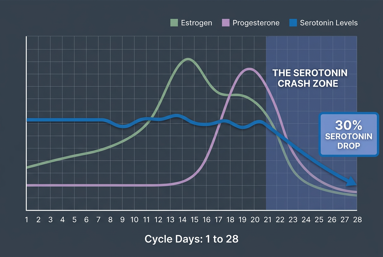 Hormone chart showing Estrogen, Progesterone, and Serotonin levels dropping during cycle days 21 to 28, labeled as the Serotonin Crash Zone.
