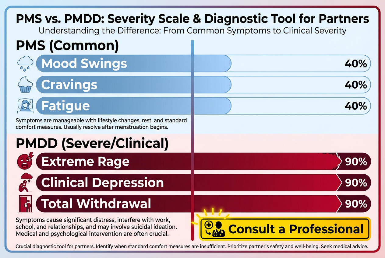 A flat-lay of a PMS care kit including a heating pad, dark chocolate, magnesium, and hydration items, labeled with essential support categories.