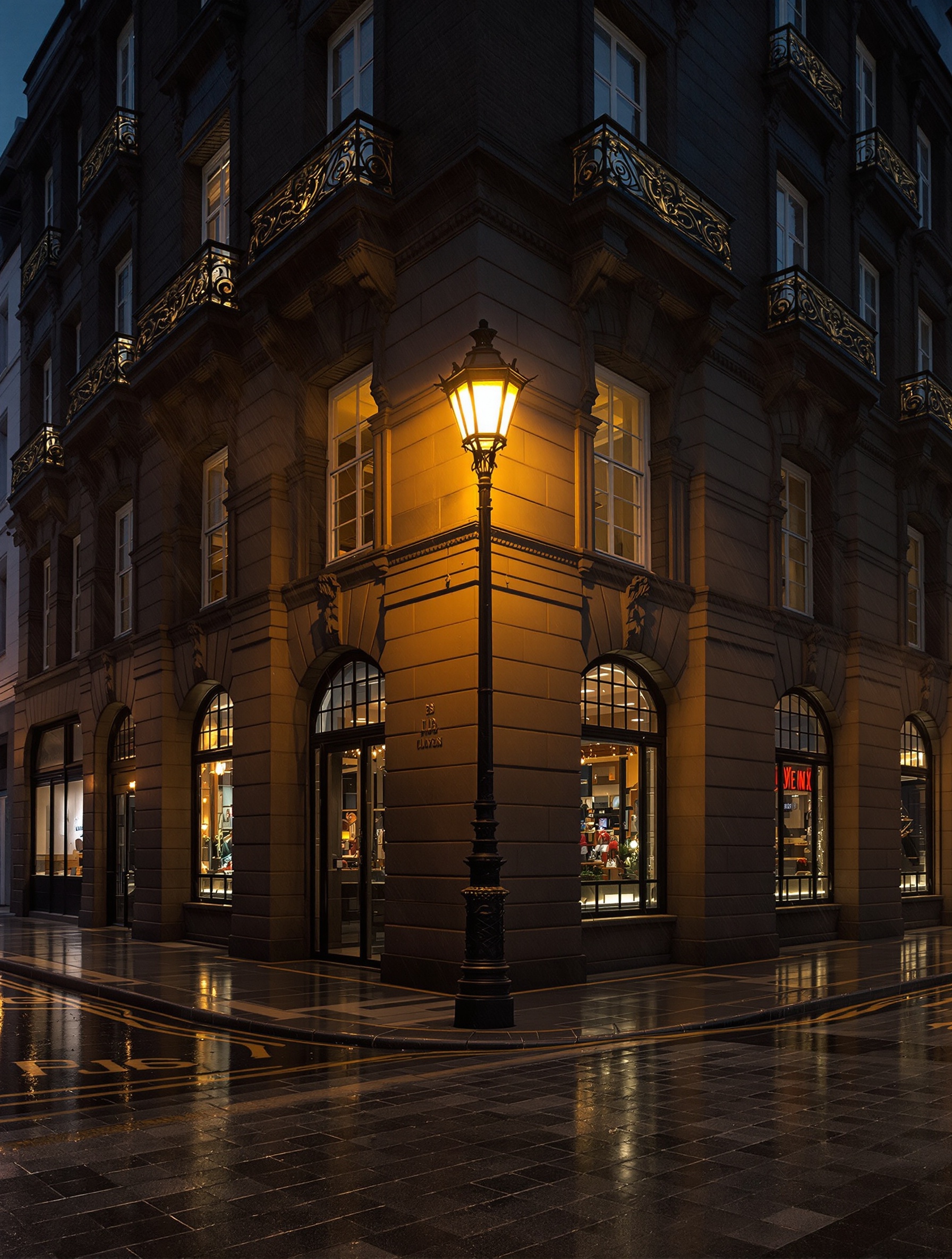 A rain-soaked Victorian street corner in Knightsbridge at dusk, a single gas lamp casting amber light across wet cobblestones and centuries-darkened stone facades.