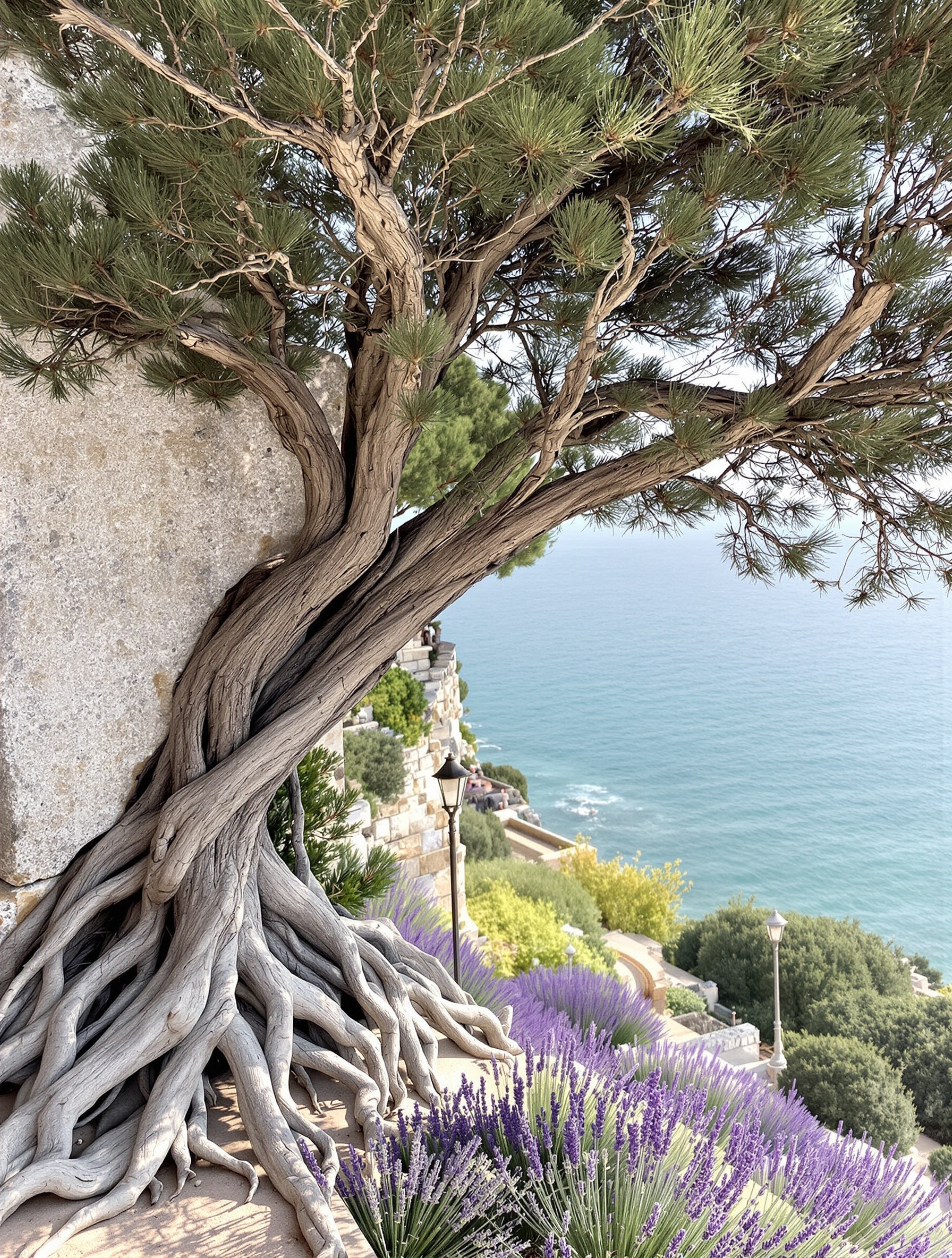 Ancient silver juniper roots gripping white limestone above terraced lavender rows, raking morning light, the pale sea visible far below.