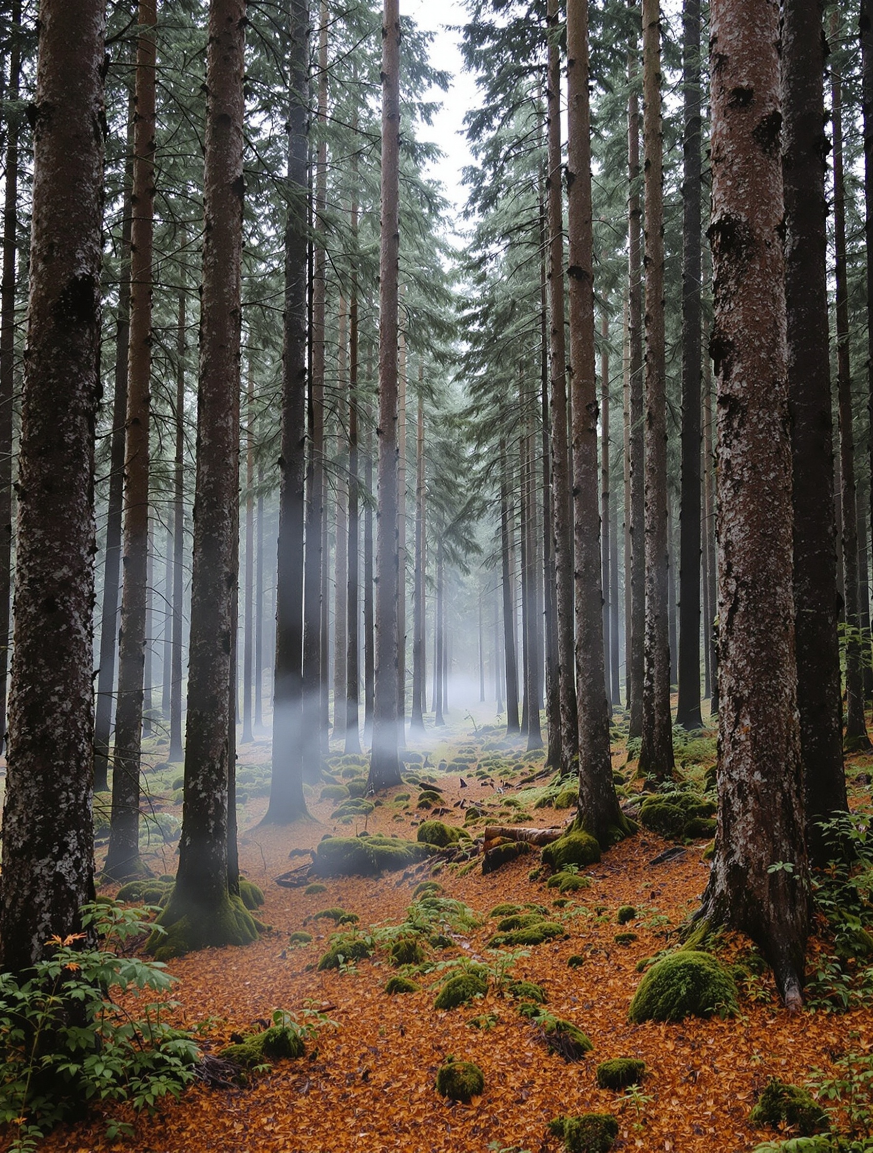 Subalpine hemlock forest with ground mist drifting between dark resinous trunks, the scene resembling a vast natural incense hall.