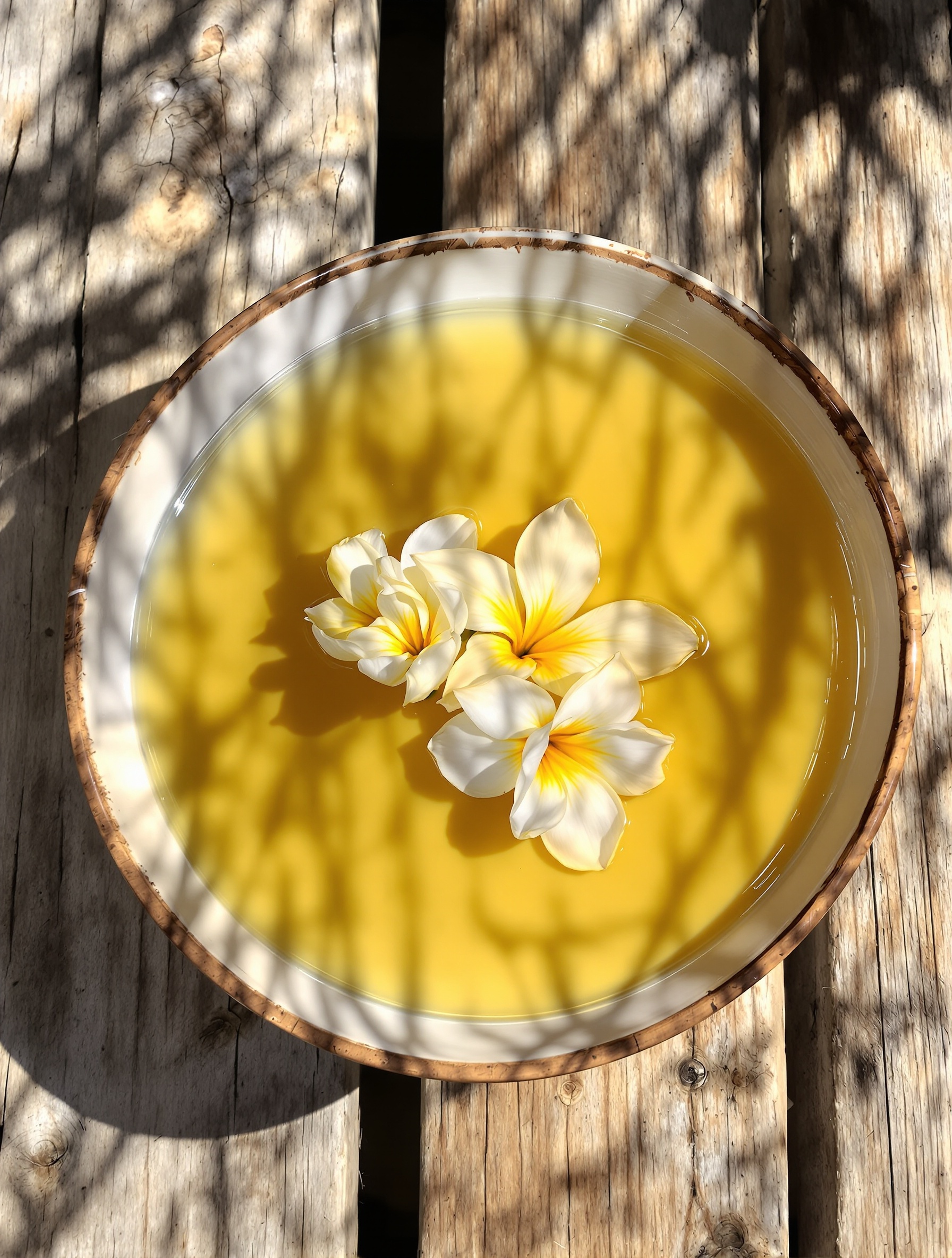 A ceramic bowl of coconut oil with floating tiare blossoms sits on sun-warmed bleached timber, dappled noon light turning the oil luminous gold.