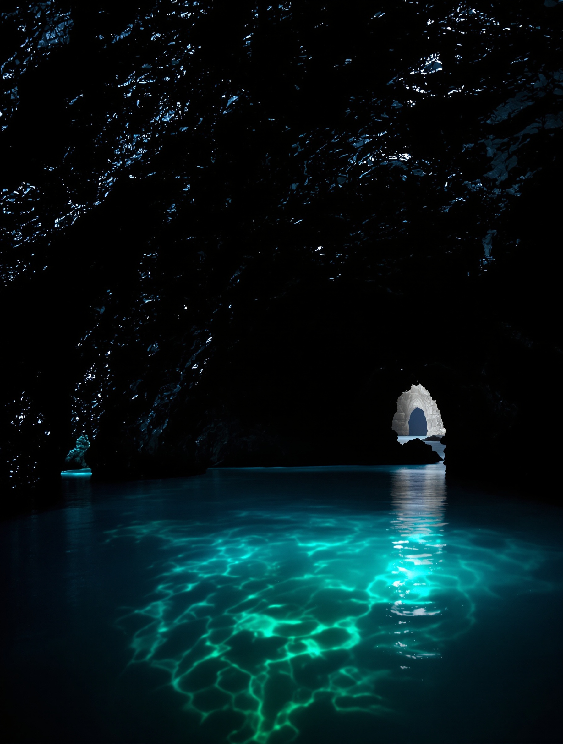 A dark sea cave interior at night, its enclosed pool glowing with cold bioluminescent blue-green light, the only illumination in a space of black basalt and pressurized silence.