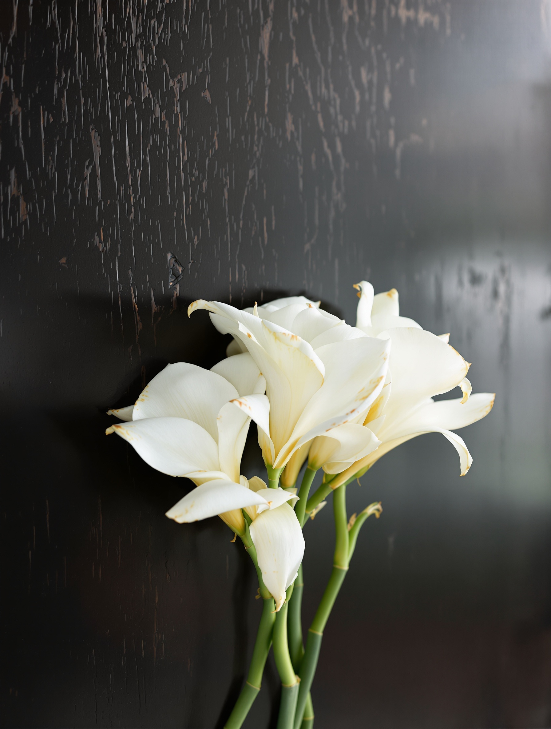 White tuberose blossoms pressed against an antique black lacquer panel, their petals beginning to bruise where they touch the dark resinous surface, lit by a single narrow shaft of late afternoon light.