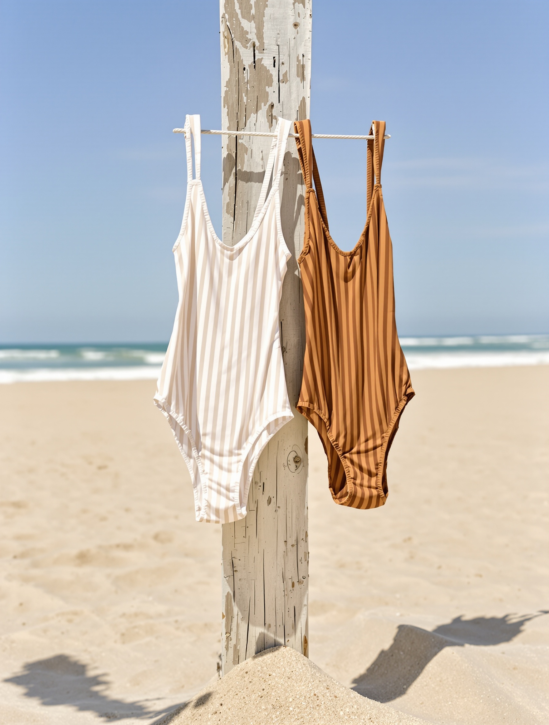 Two salt-damp swimsuits hanging on a weathered wooden post in harsh mid-afternoon beach light, the absent bodies implied in the limp fabric and drifted sand below.