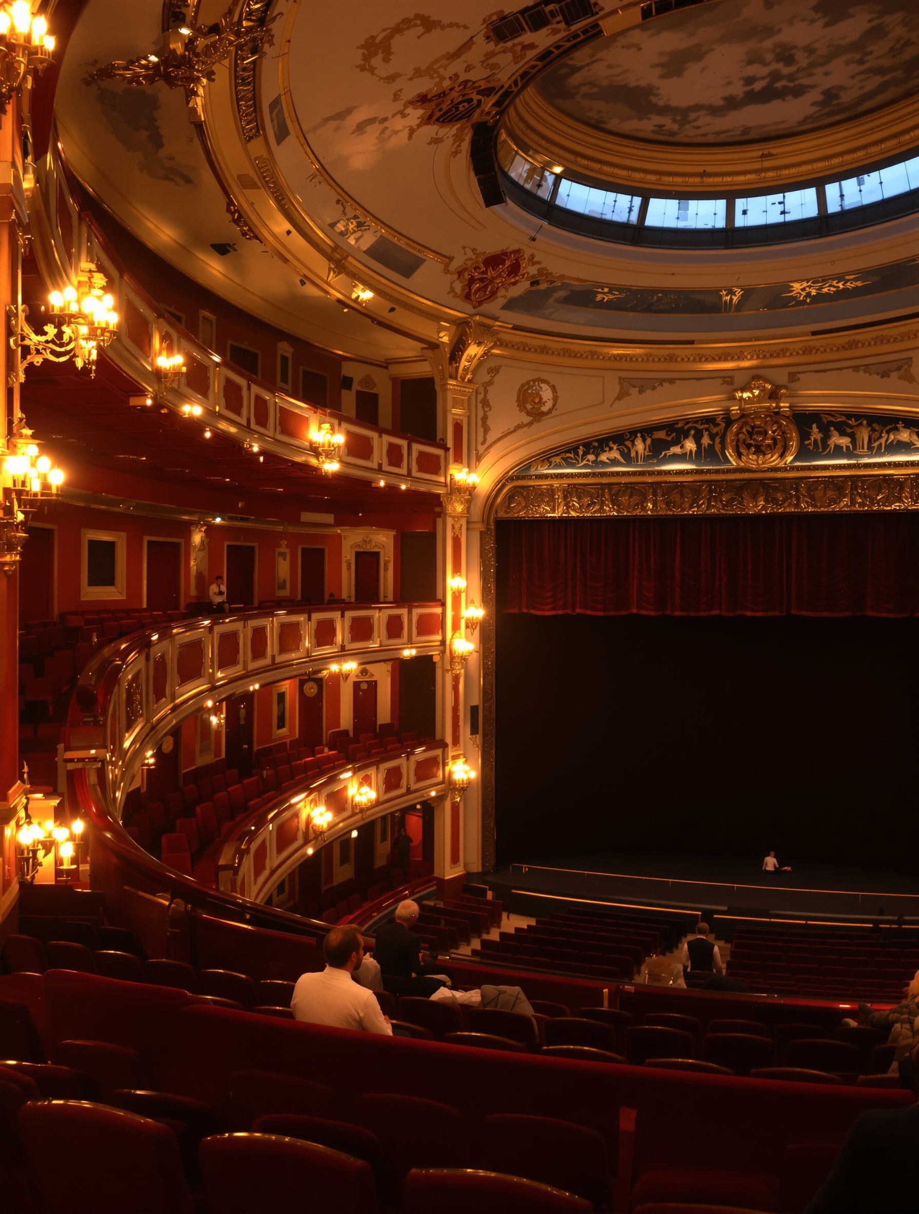 A lone figure in white shirtsleeves sits in a single lit theatre box after a performance has ended, the empty gilt auditorium stretching dark and still around him.