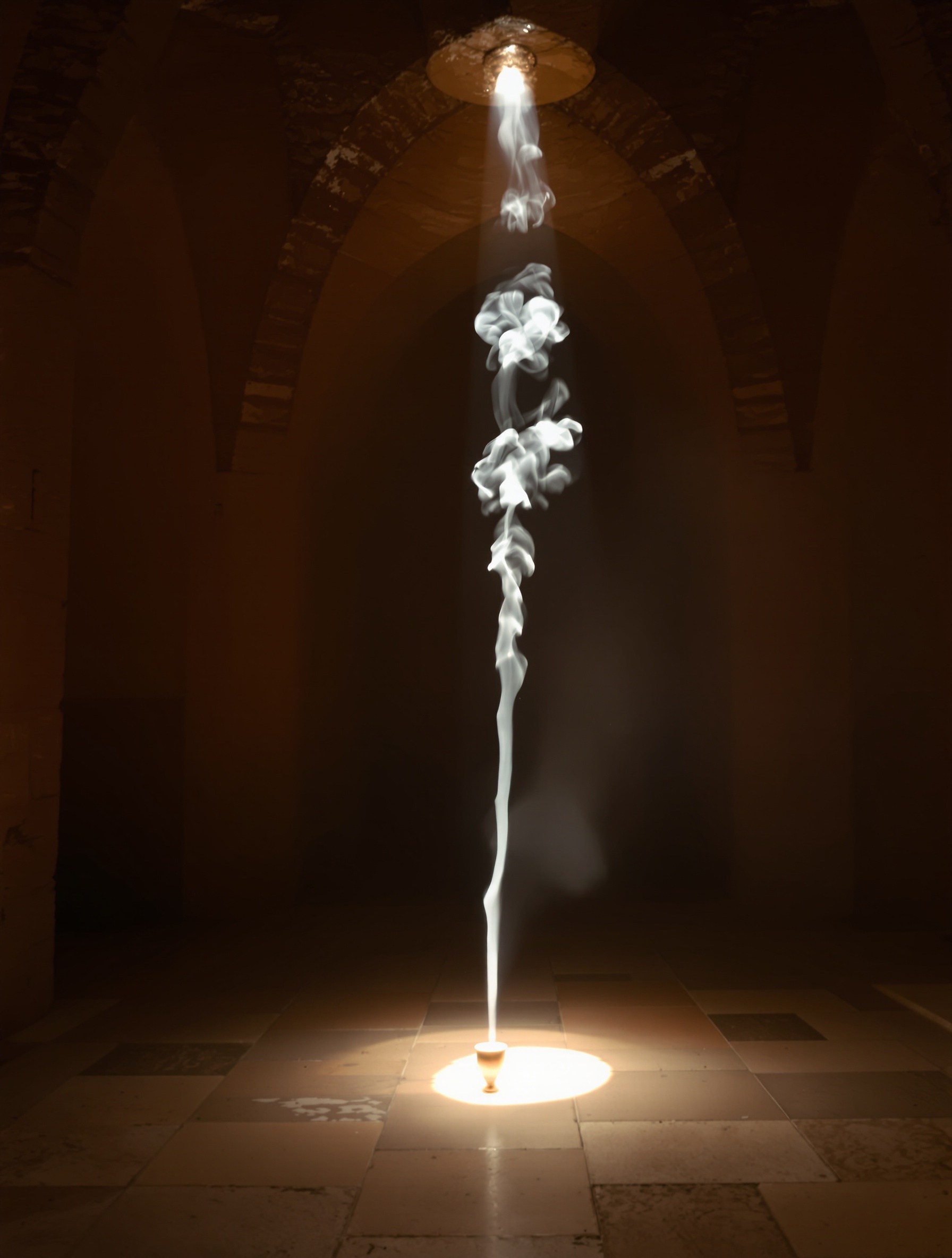 A perfectly still column of frankincense smoke rises through a single shaft of afternoon light inside a dim ancient Omani stone chamber.
