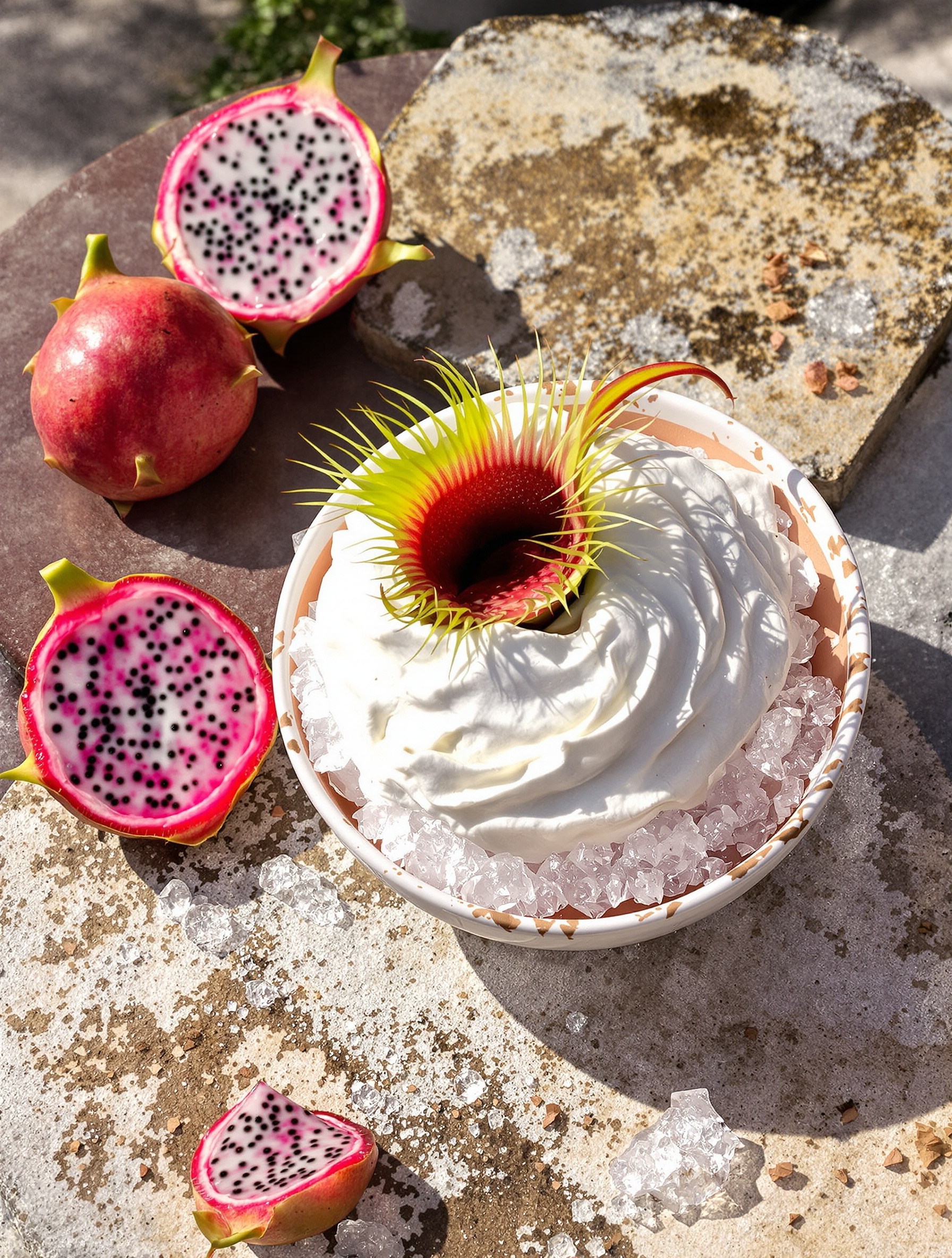A Venus flytrap nestled open-jawed inside a meringue bowl, surrounded by dragonfruit halves and melting ice on sun-warmed concrete.