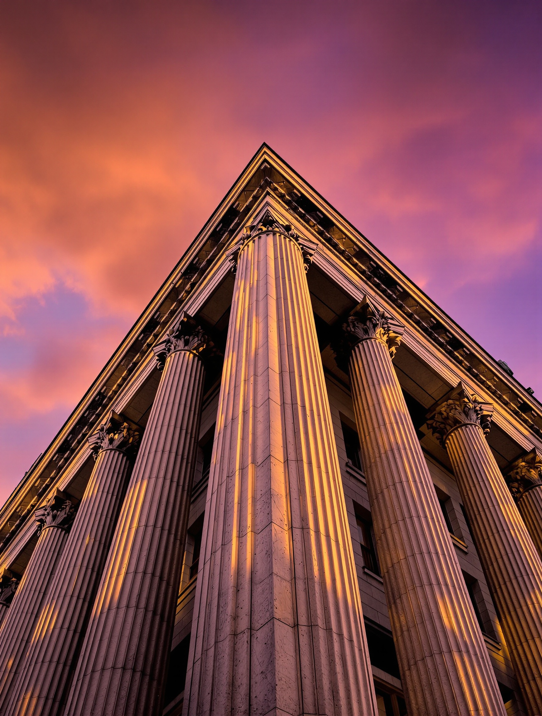 Vertiginous upward view of sunlit neoclassical columns receding into a gold-and-violet storm sky, the architecture tilting toward collapse.