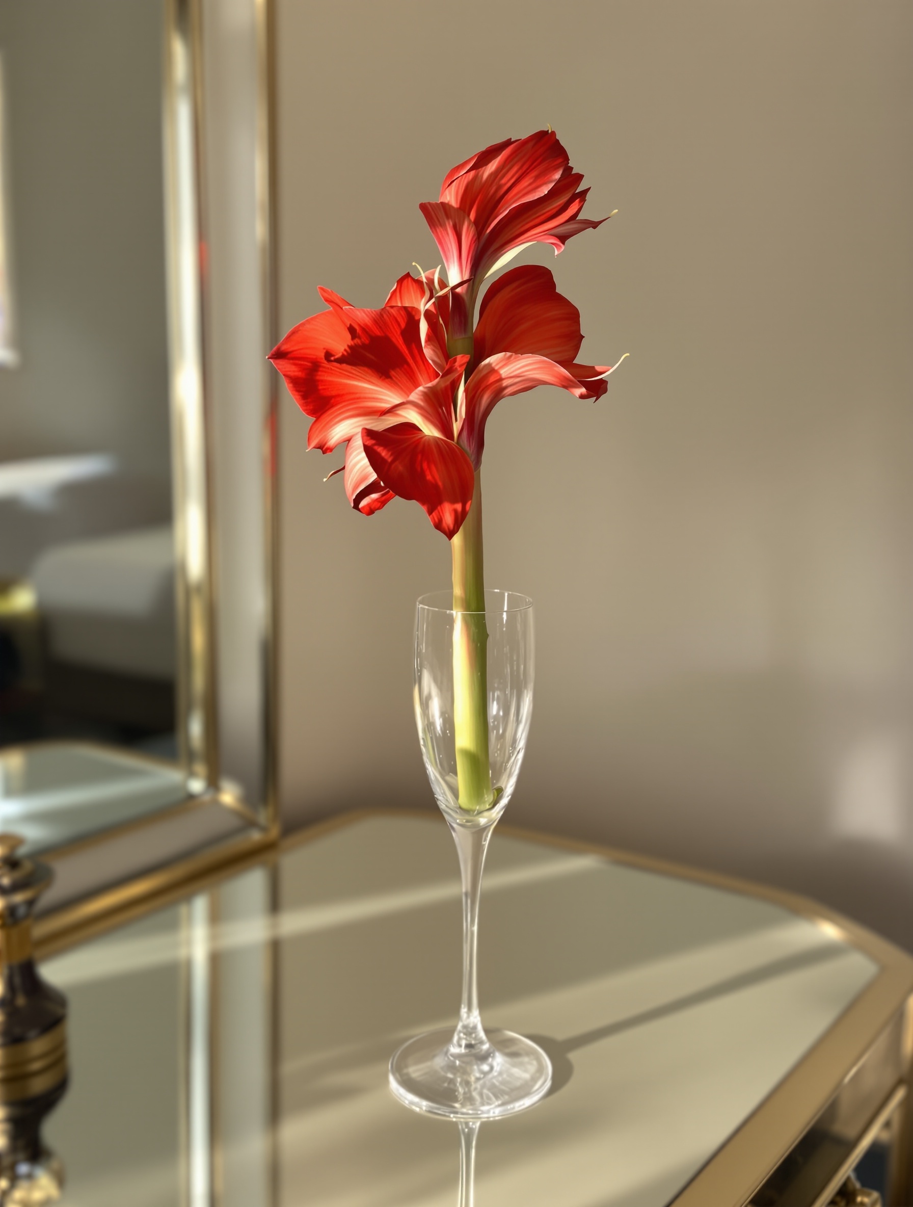 A single leafless amaryllis in a champagne flute on a mirrored vanity reflects endlessly downward into a golden, peopleless surface.