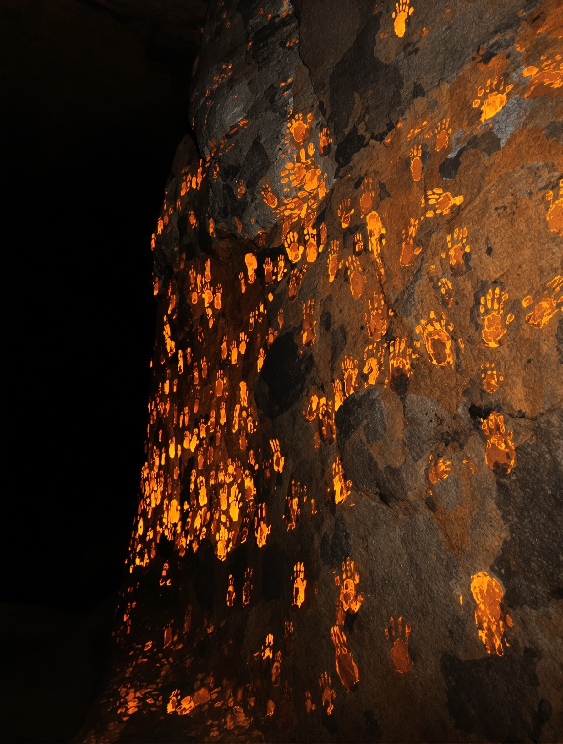 Ancient cave wall covered in ochre negative handprints illuminated by a single amber lantern, the stone streaked with dark mineral seepage and absorbed into shadow at its edges.