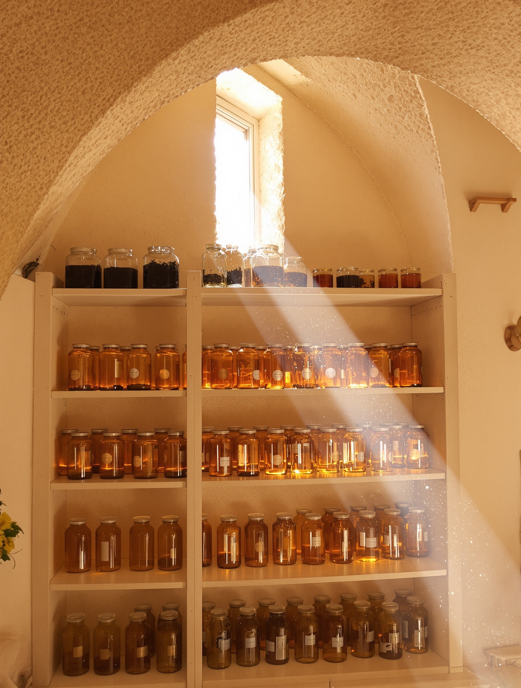 Sunlit interior of a southern Italian latteria with rows of amber glass jars glowing in a single shaft of late-afternoon light, dust motes drifting through warm shadow.
