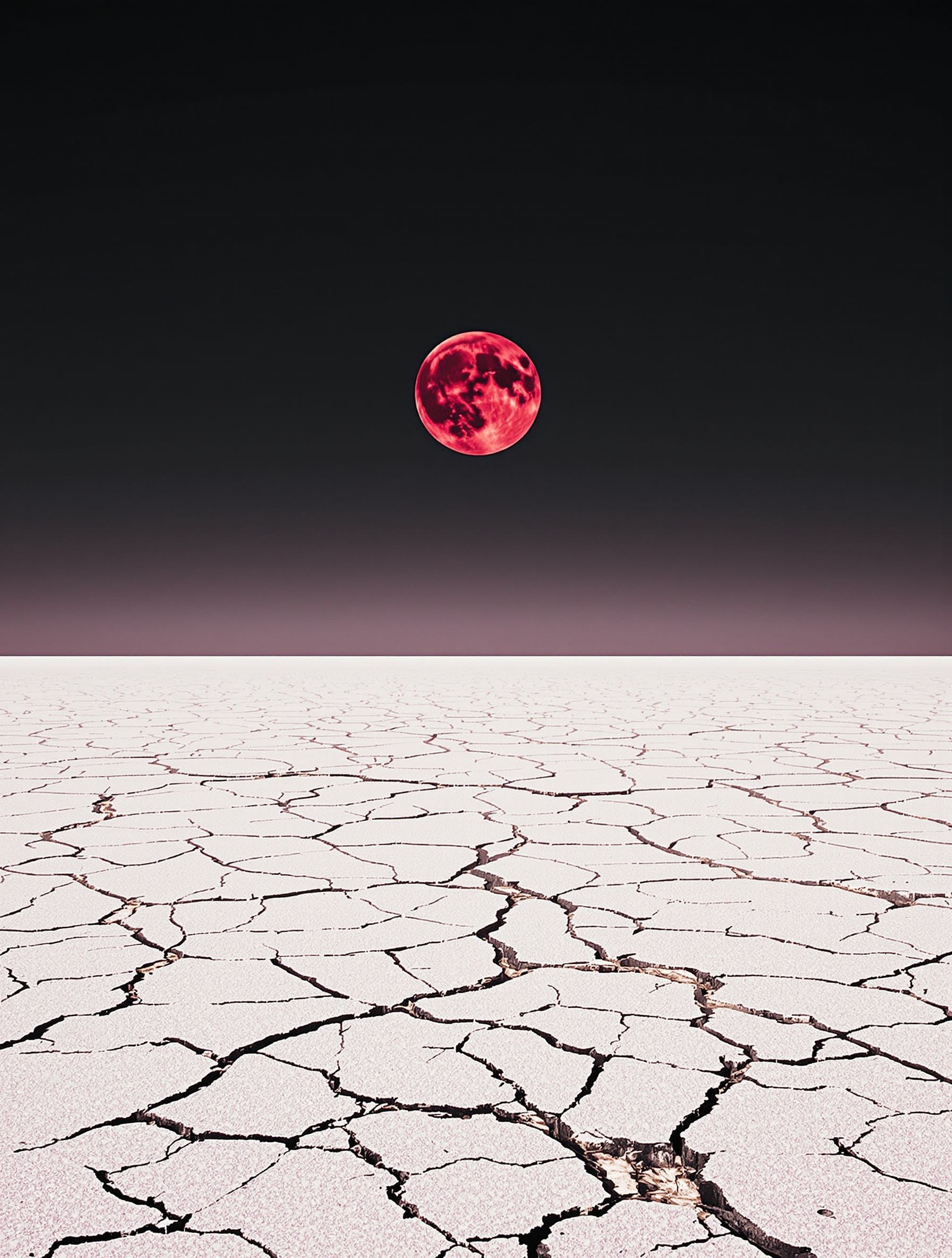A blood-red moon hangs vast and low over a cracked salt flat at night, its crimson light pooling across fractured white earth stretching to a black horizon.
