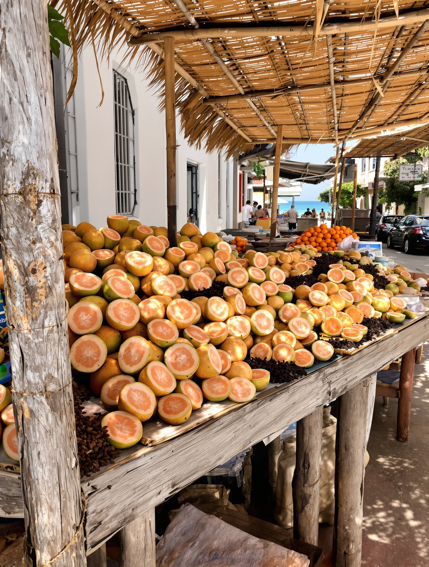 A wooden spice market trestle in Zanzibar Stone Town holds split guavas and heaped dried cloves under a palm canopy, with a sliver of turquoise ocean visible at the end of the alley beyond.