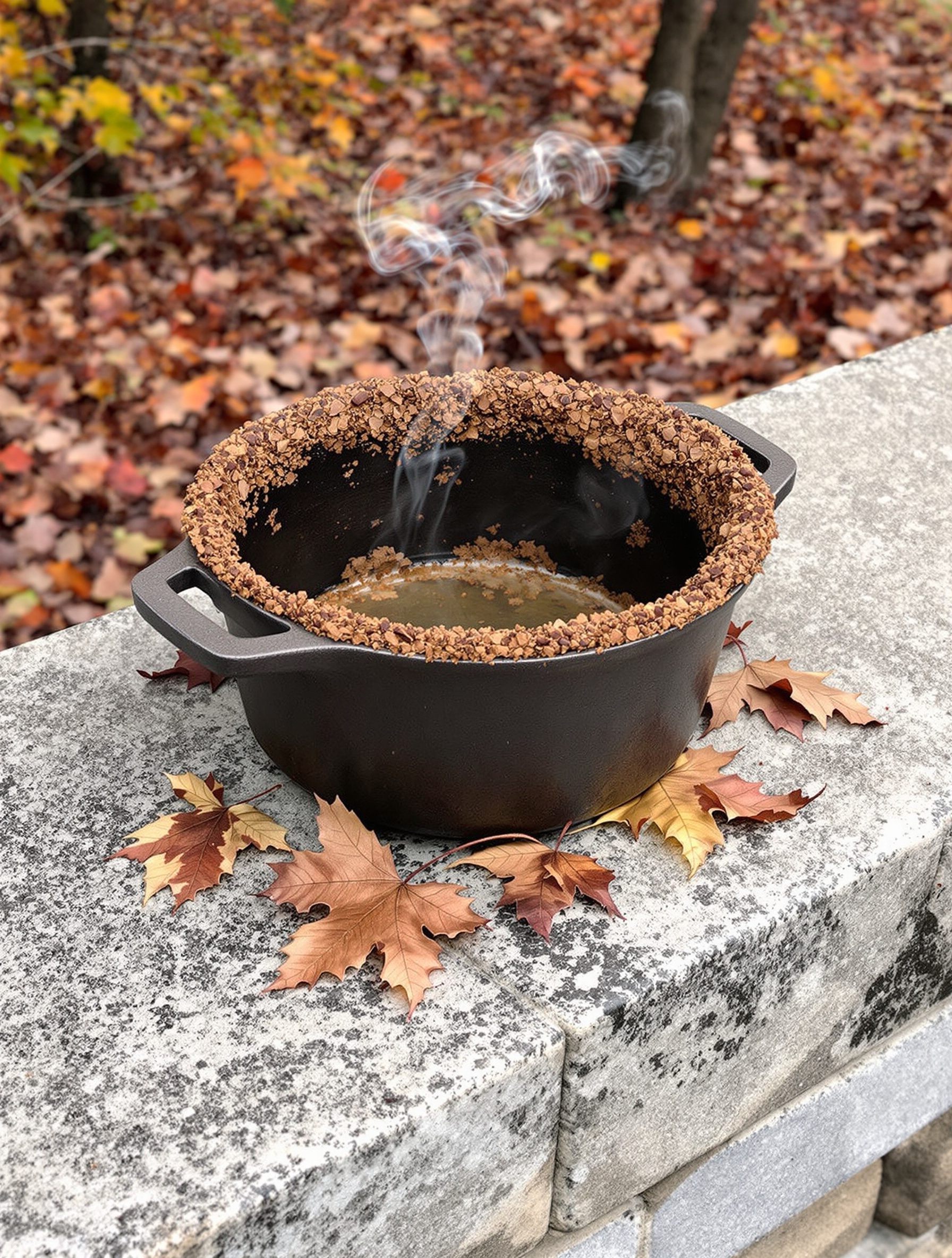 A blackened cast-iron pot with crystallized maple residue sits on cold granite outdoors, wood smoke threading past fallen autumn leaves in flat gray northern light.