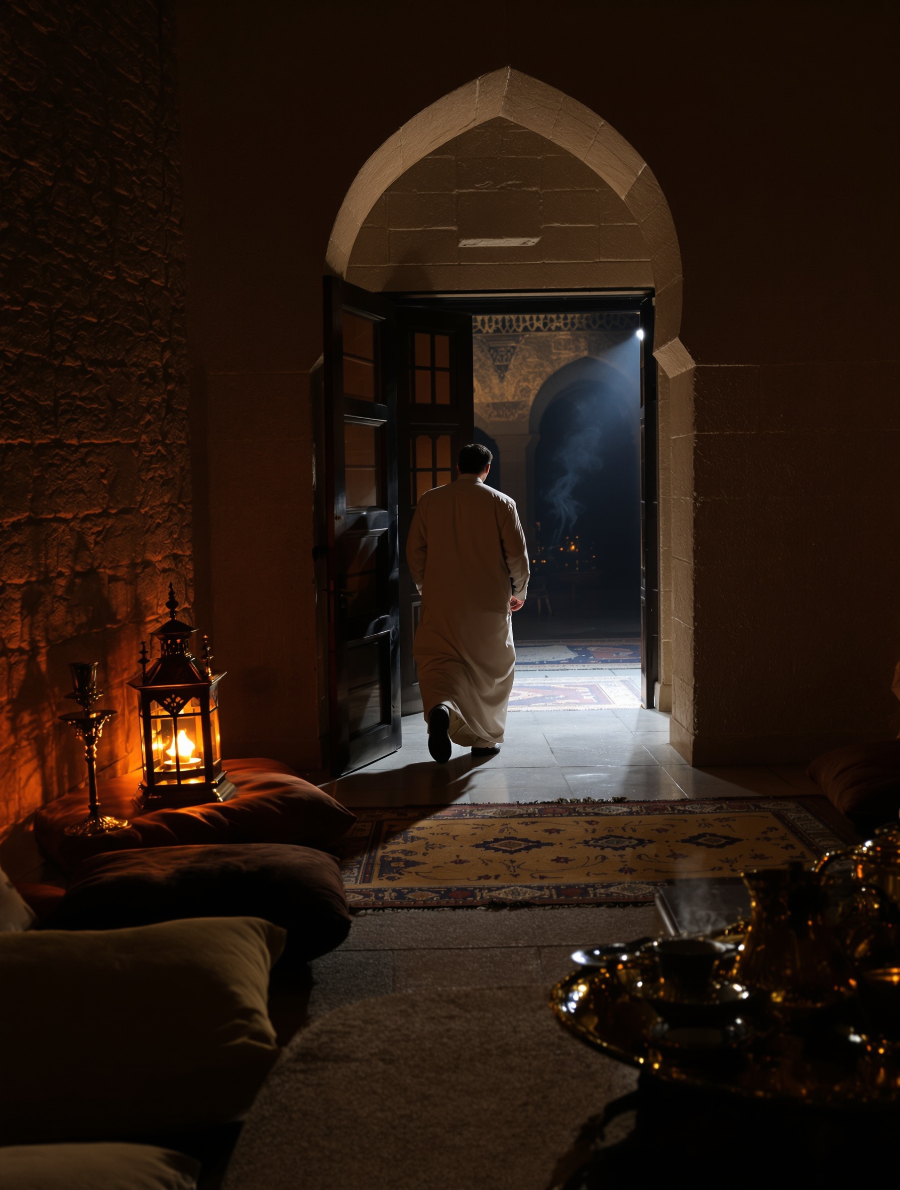 A man's back disappears through an arched Omani majlis doorway, leaving behind smoke, brass coffee vessels, and suede cushions in amber lamplight.