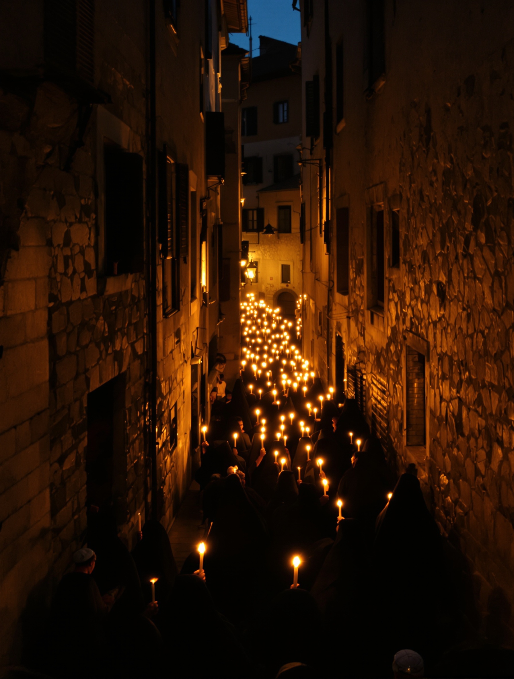 A nocturnal confraternity procession moves through a narrow Italian stone street, hooded figures carrying candles that glow amber against ancient travertine walls in the darkness.