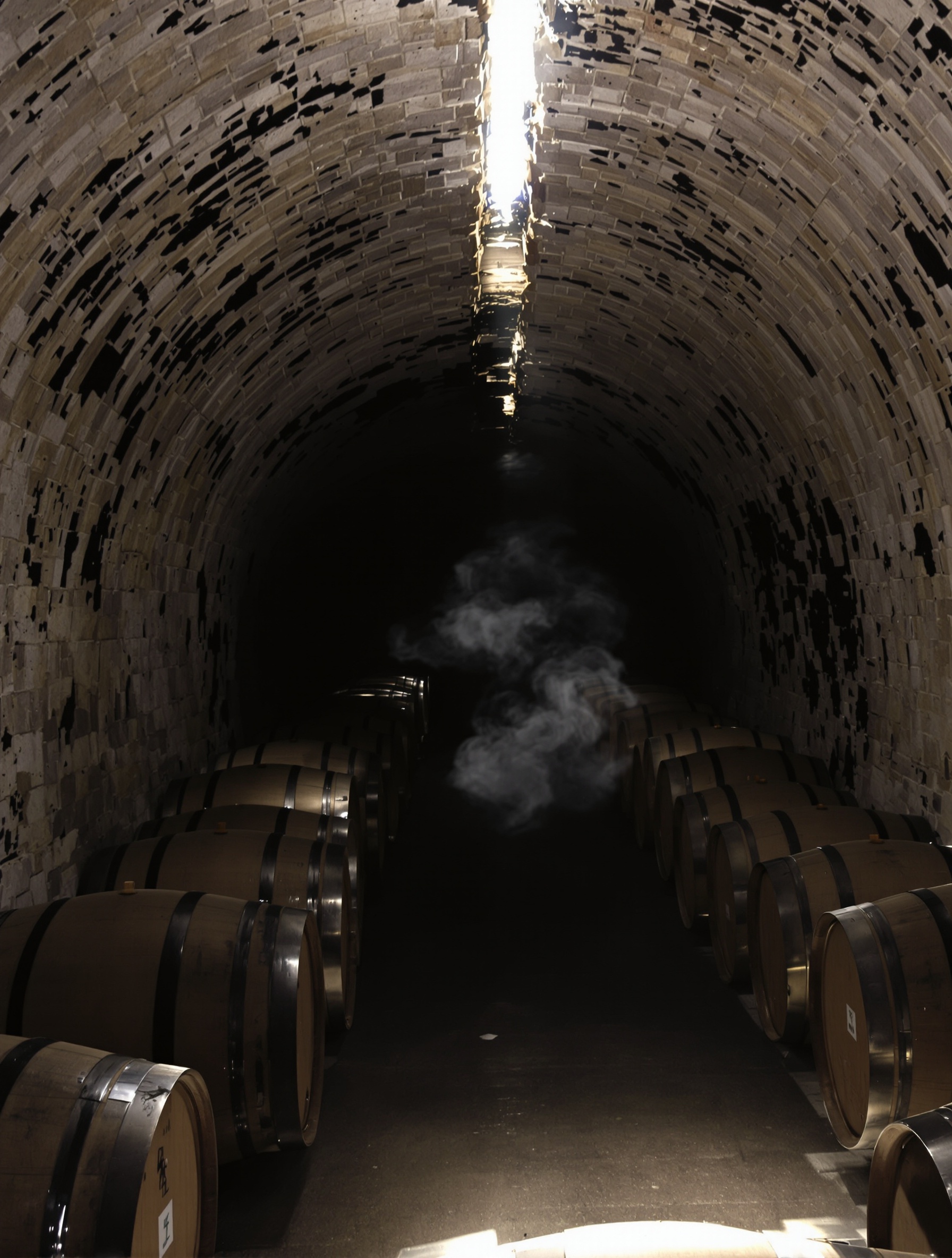 A single shaft of pale light cuts through the blackened limestone vault of a Cognac cellar, catching the faint haze of evaporating spirit drifting between dark oak barrels.
